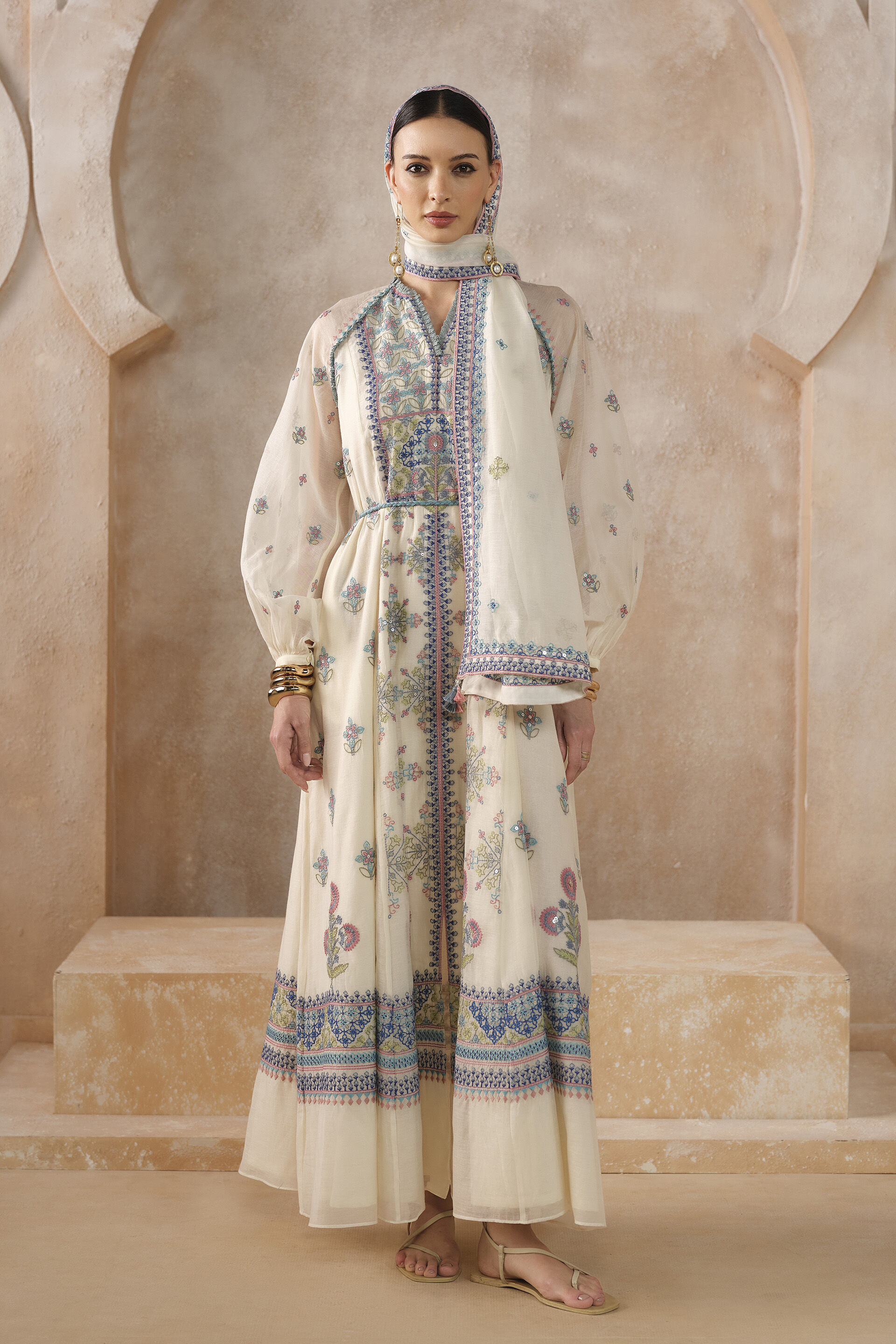 Stellara A-line Embroidered Mul Kaftan - Ivory