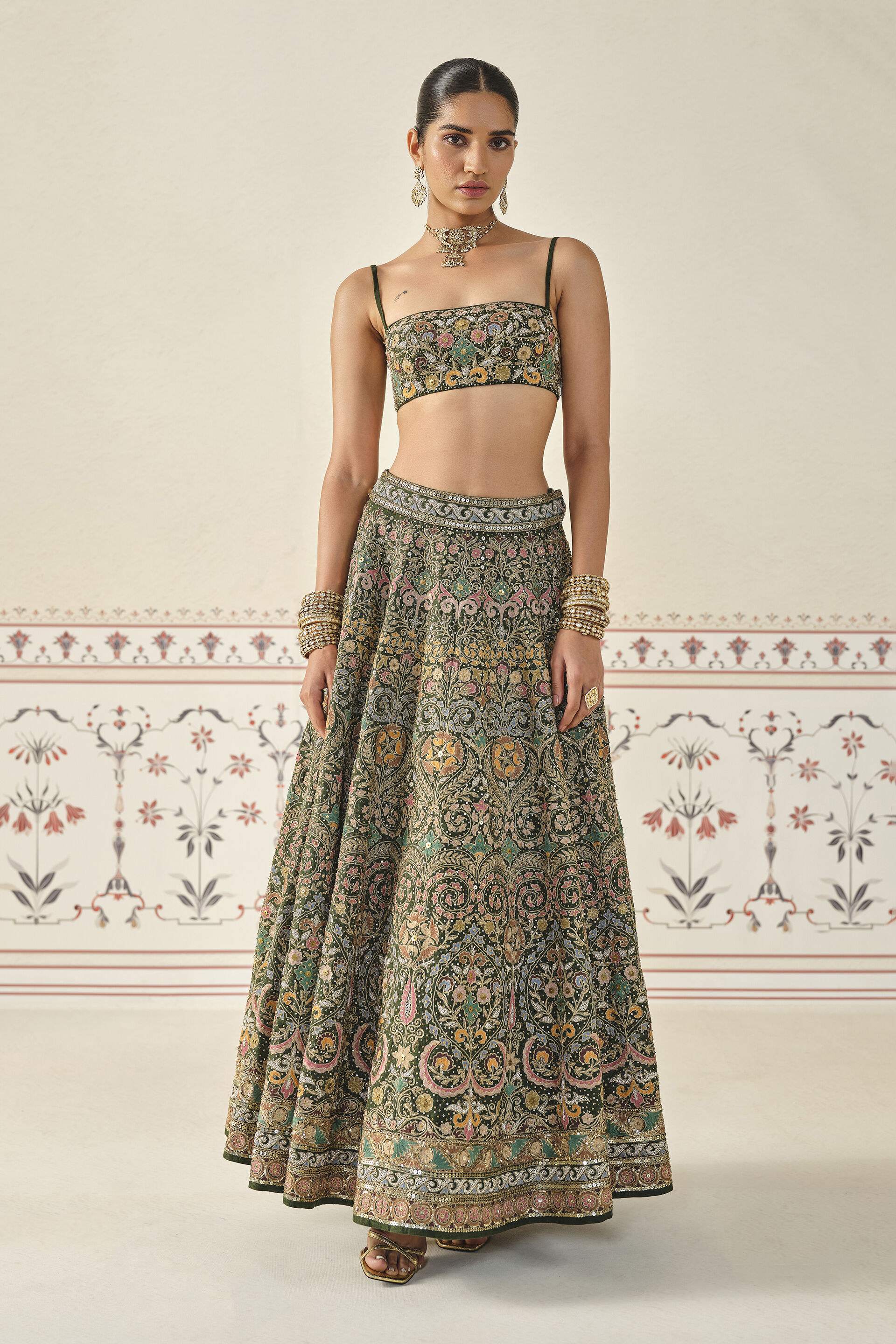Yiska Embroidered Silk Skirt Set - Green, Green, image 1