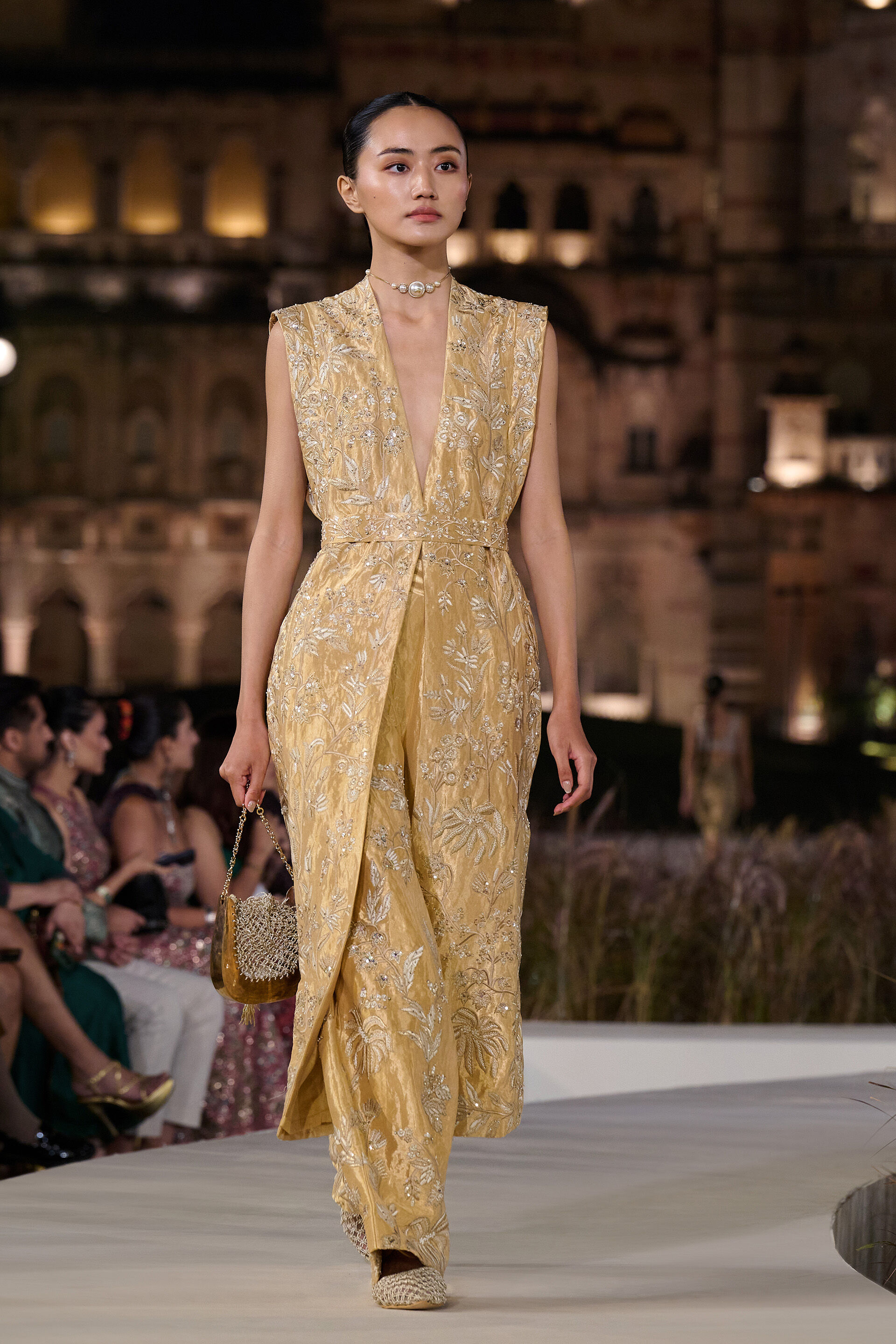 Summerfern Embroidered Applique Silk Co-ord - Gold, Gold, image 1