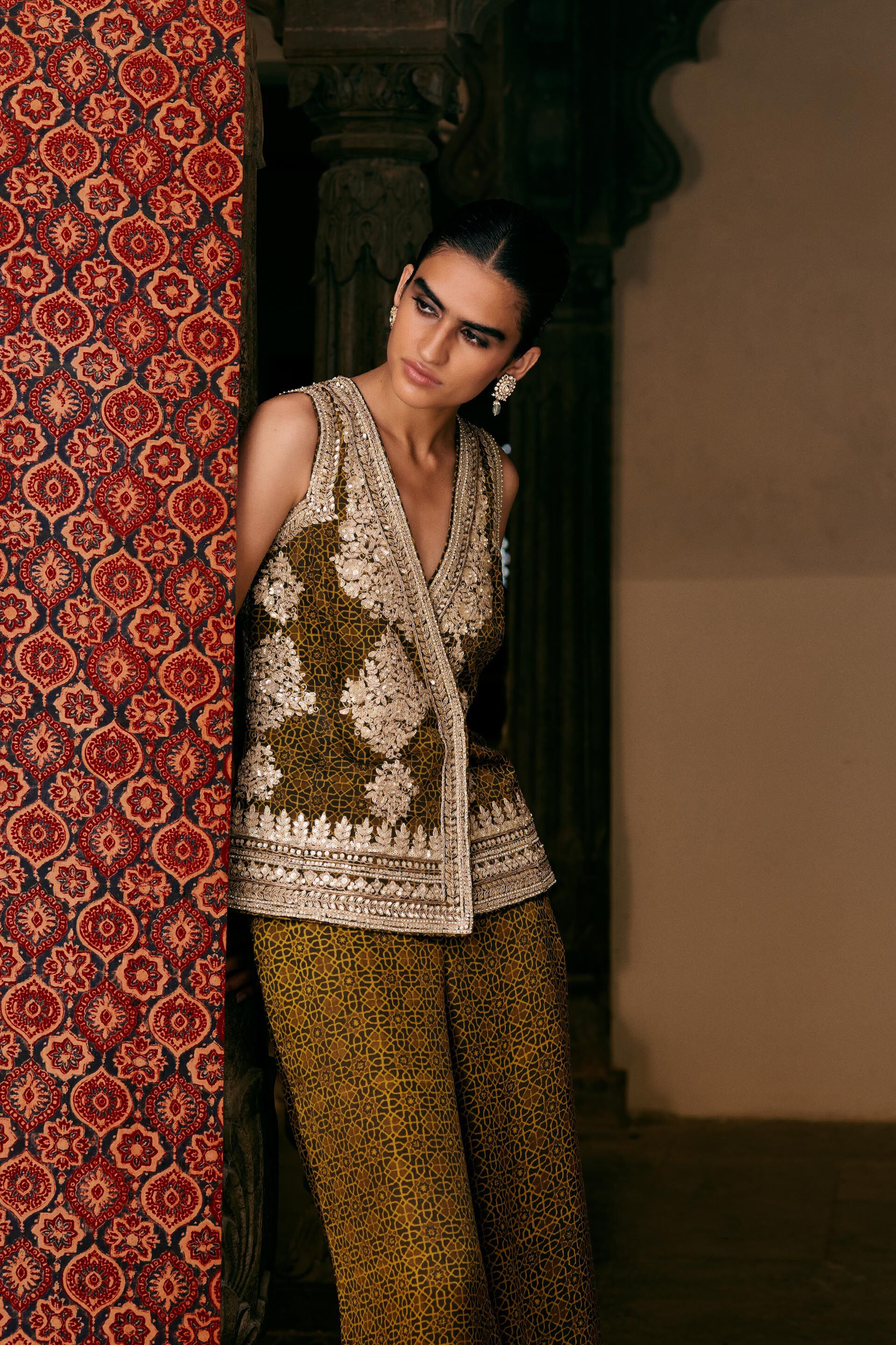 Bahada Ajrakh Hand-block Printed Silk Palazzo Set - Olive, Olive, image 3