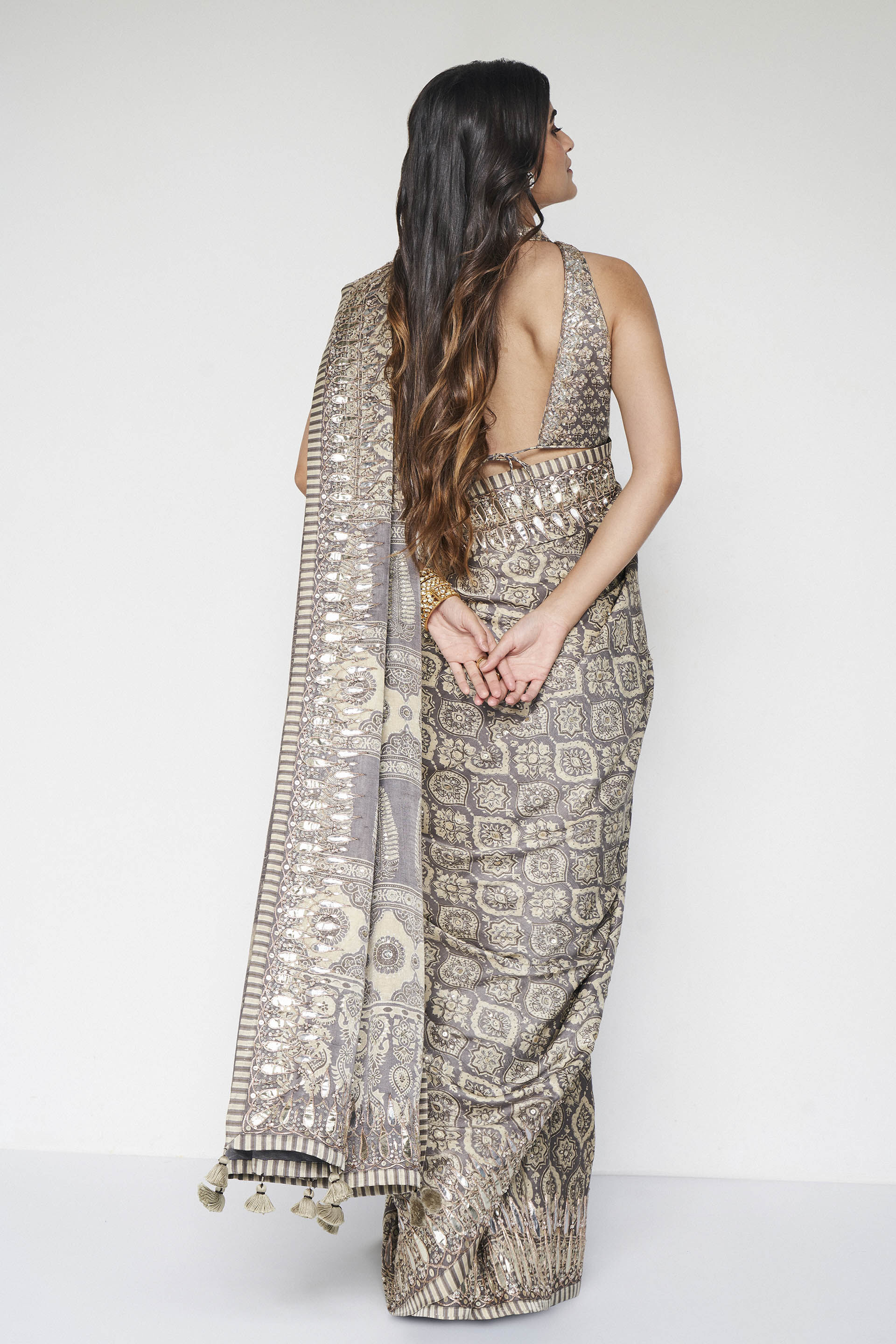 Shravani Ajrakh Hand-block Printed Silk Saree - Grey, Grey, image 5