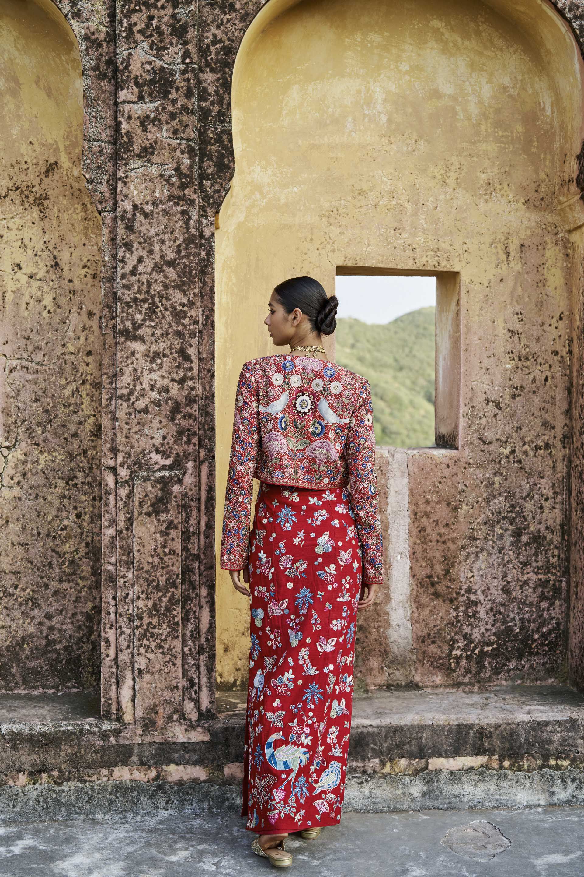 Flame Of The Forest Embroidered Zardozi Silk Skirt Set - Red, Red, image 2