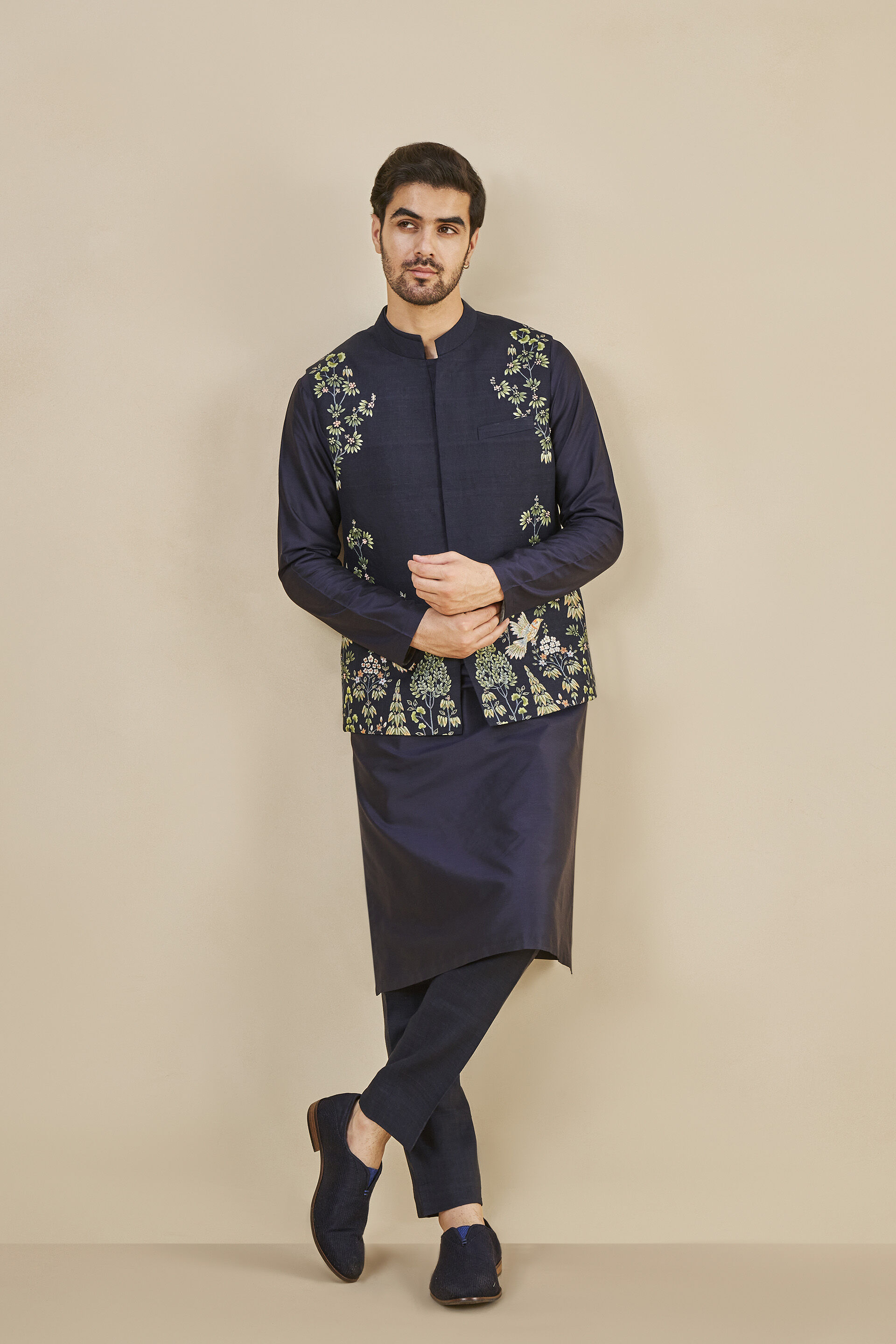 Nikunj Hand-painted Pichhwai Silk Nehru Jacket - Navy, Navy, image 1