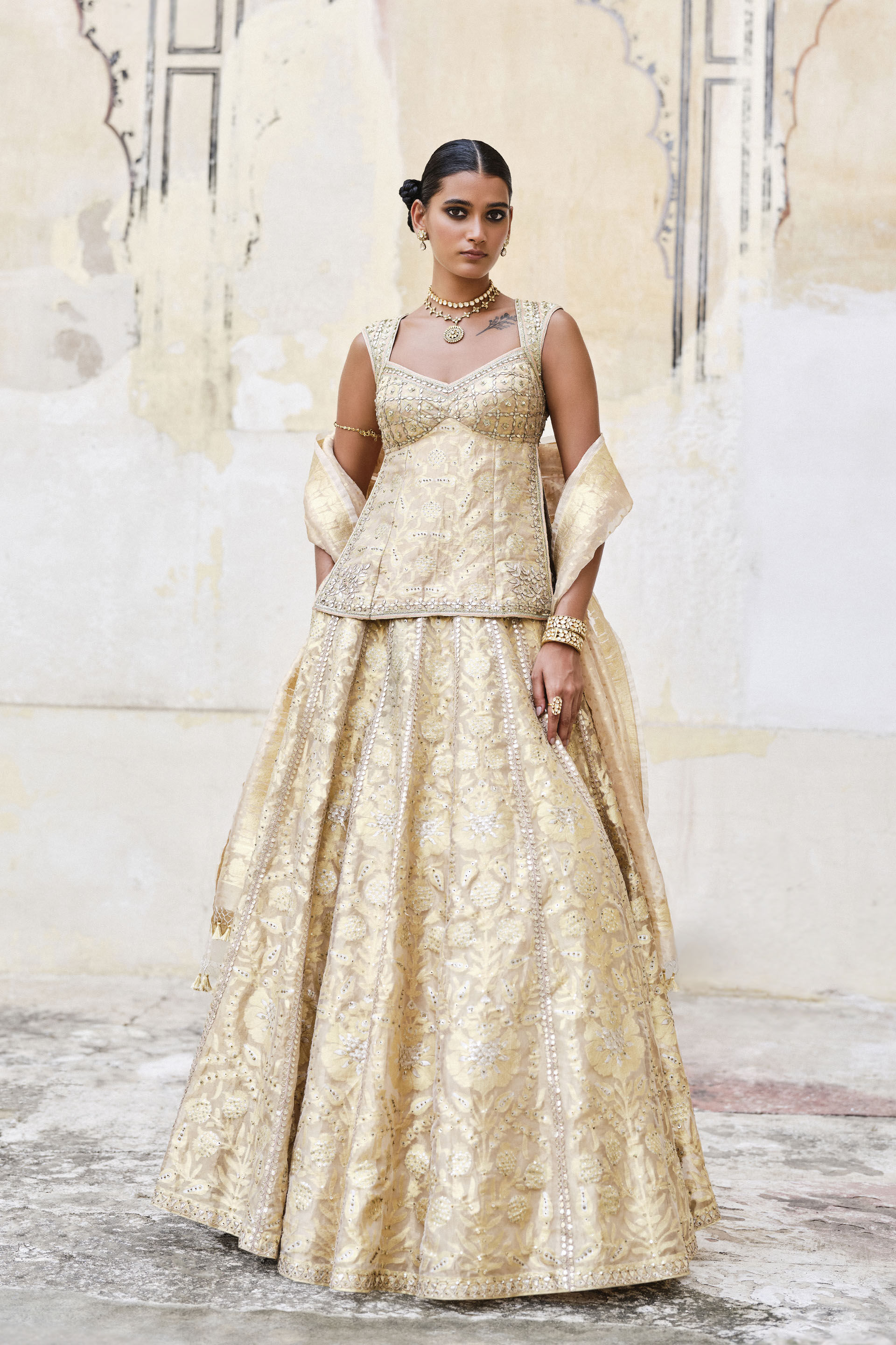 Ramsha Handwoven Benarasi Silk Lehenga Set - Gold