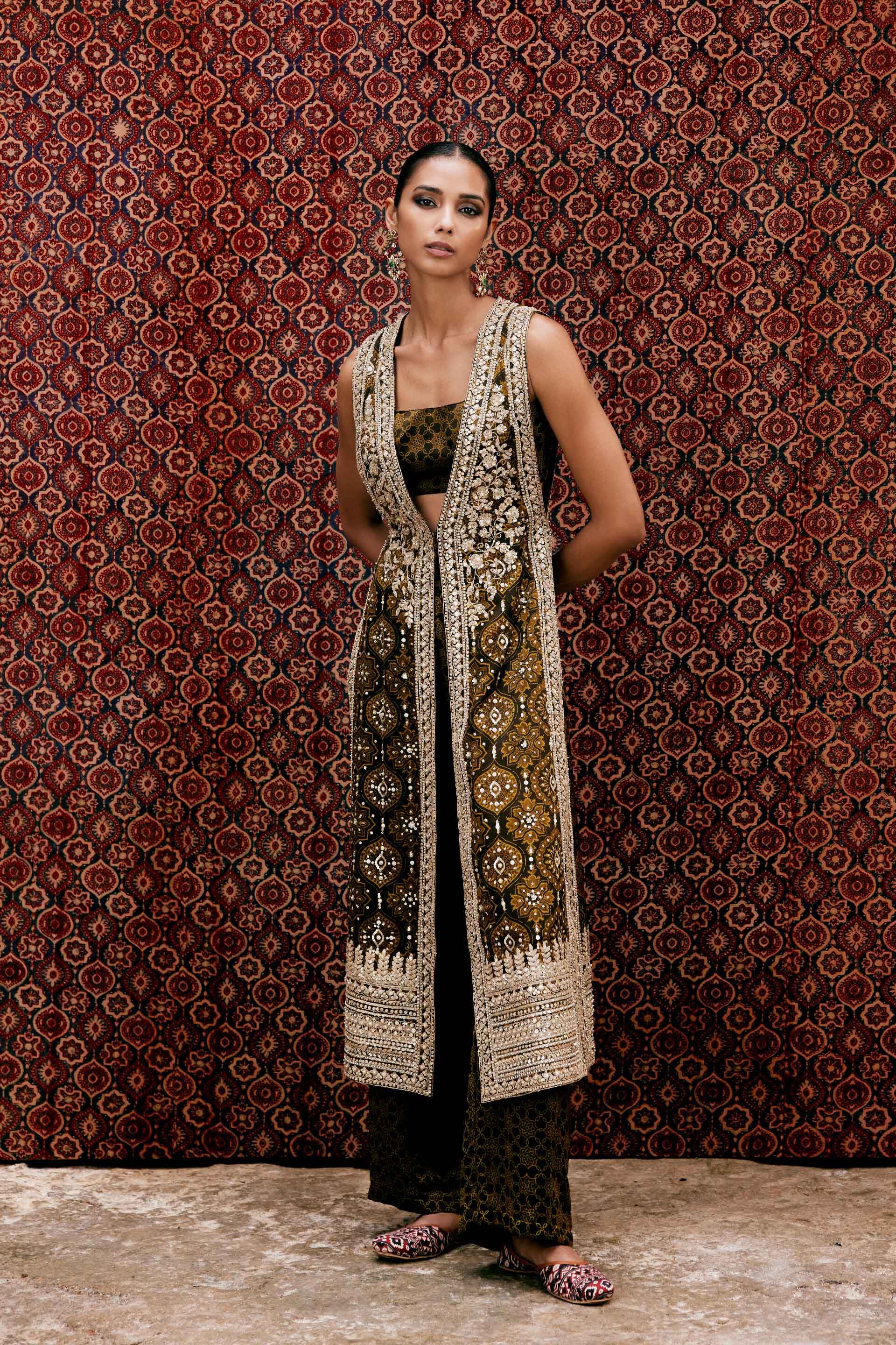 Souheir Ajrakh Hand-block Printed Silk Tabard Set - Olive, Olive, image 4