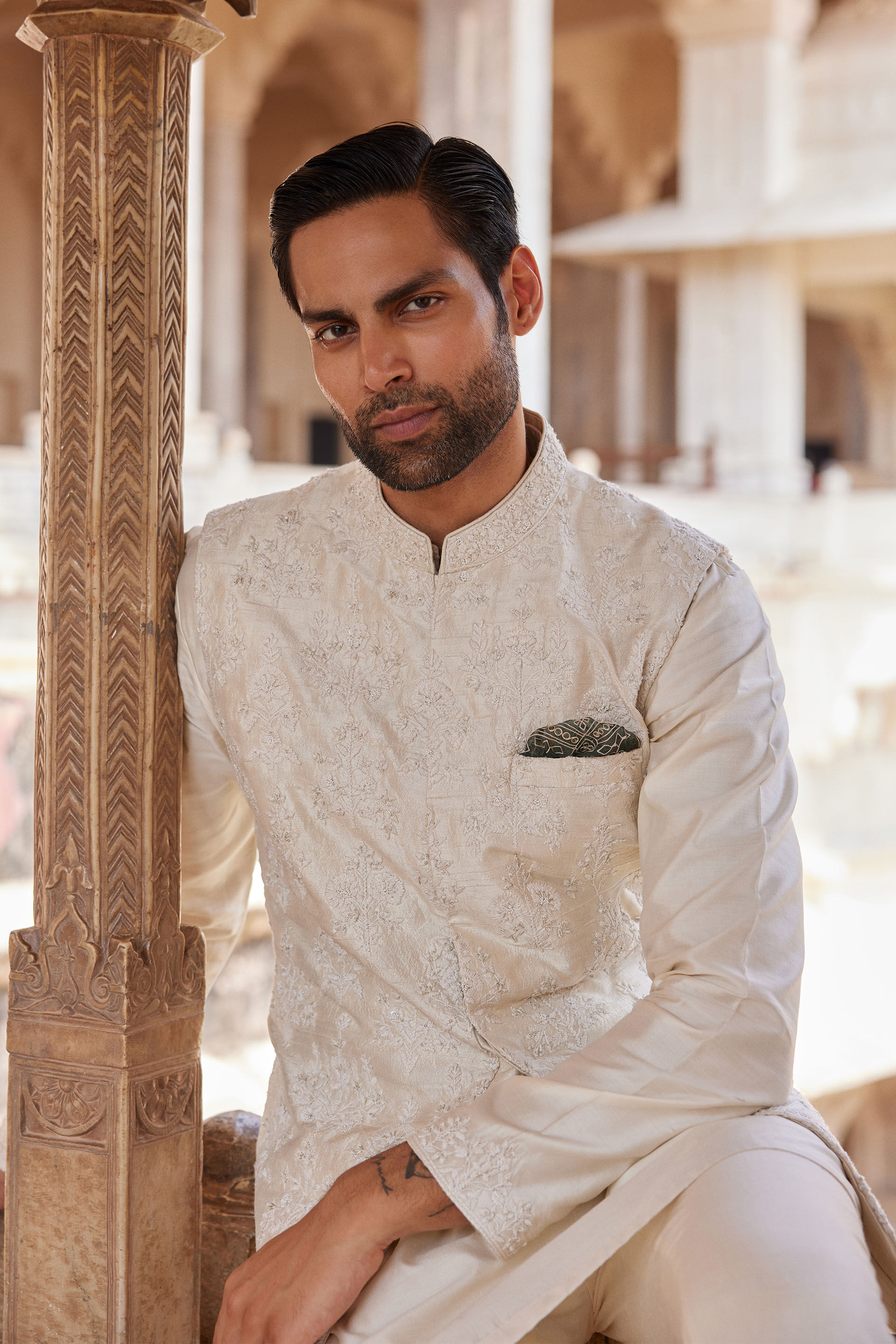 Palaksh Hand-embroidered Silk Nehru Jacket - Ivory, Ivory, image 5