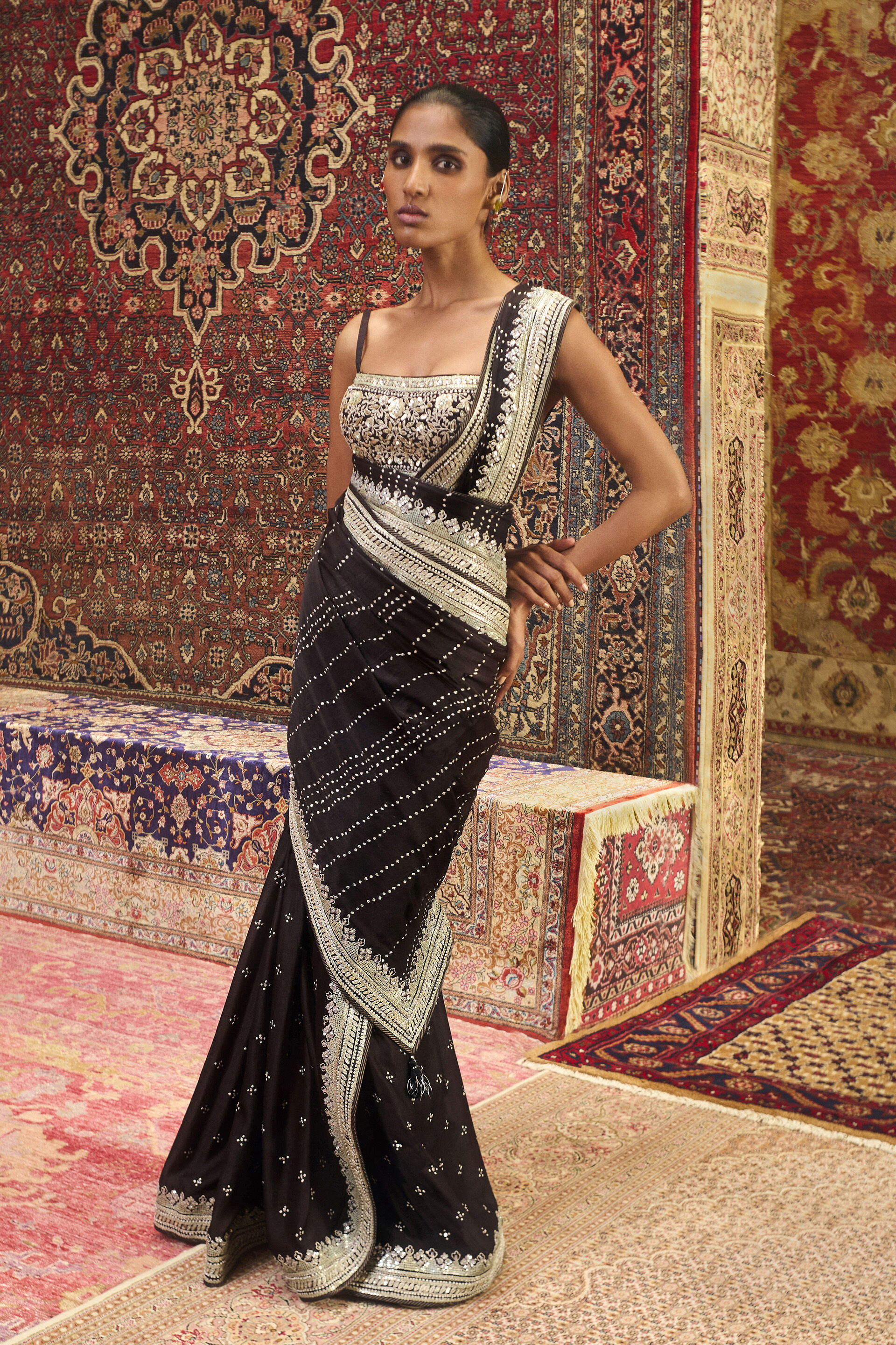 Shyamal Handcrafted Bandhani Silk Saree - Black