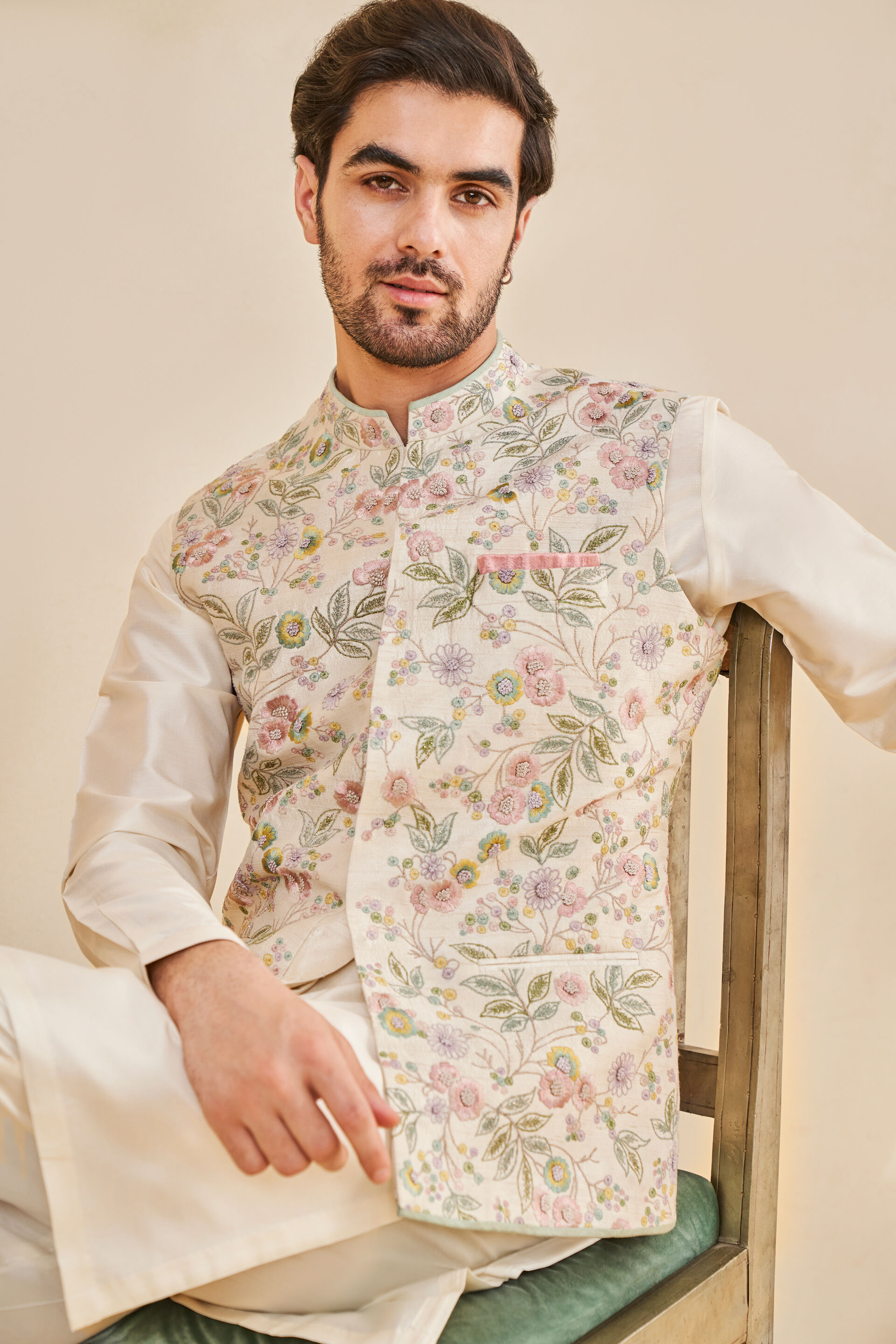 Ishay Embroidered Silk Nehru Jacket - Ivory, Ivory, image 5