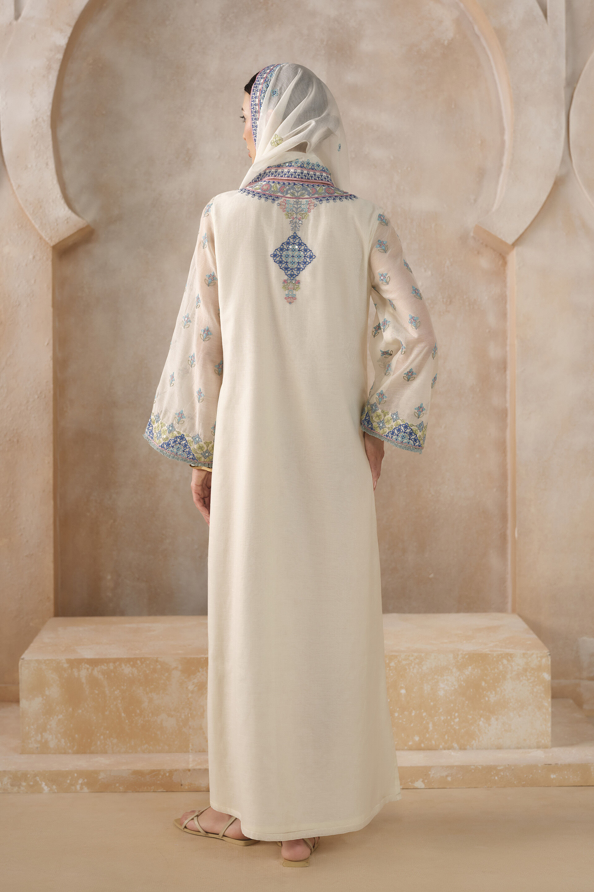 Stellara Embroidered Mul Kaftan - Ivory, Ivory, image 2