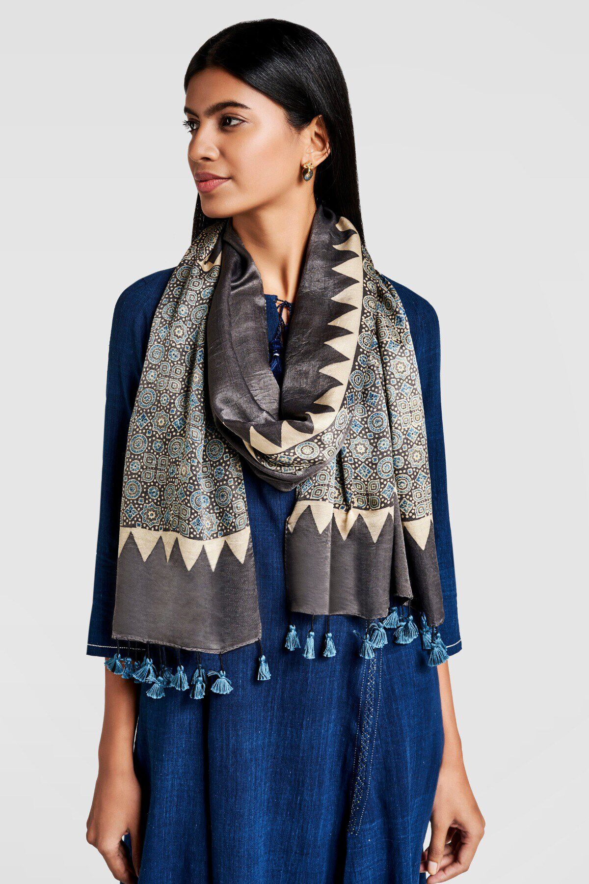 1 - Black Silk Patterned Scarf, image 1