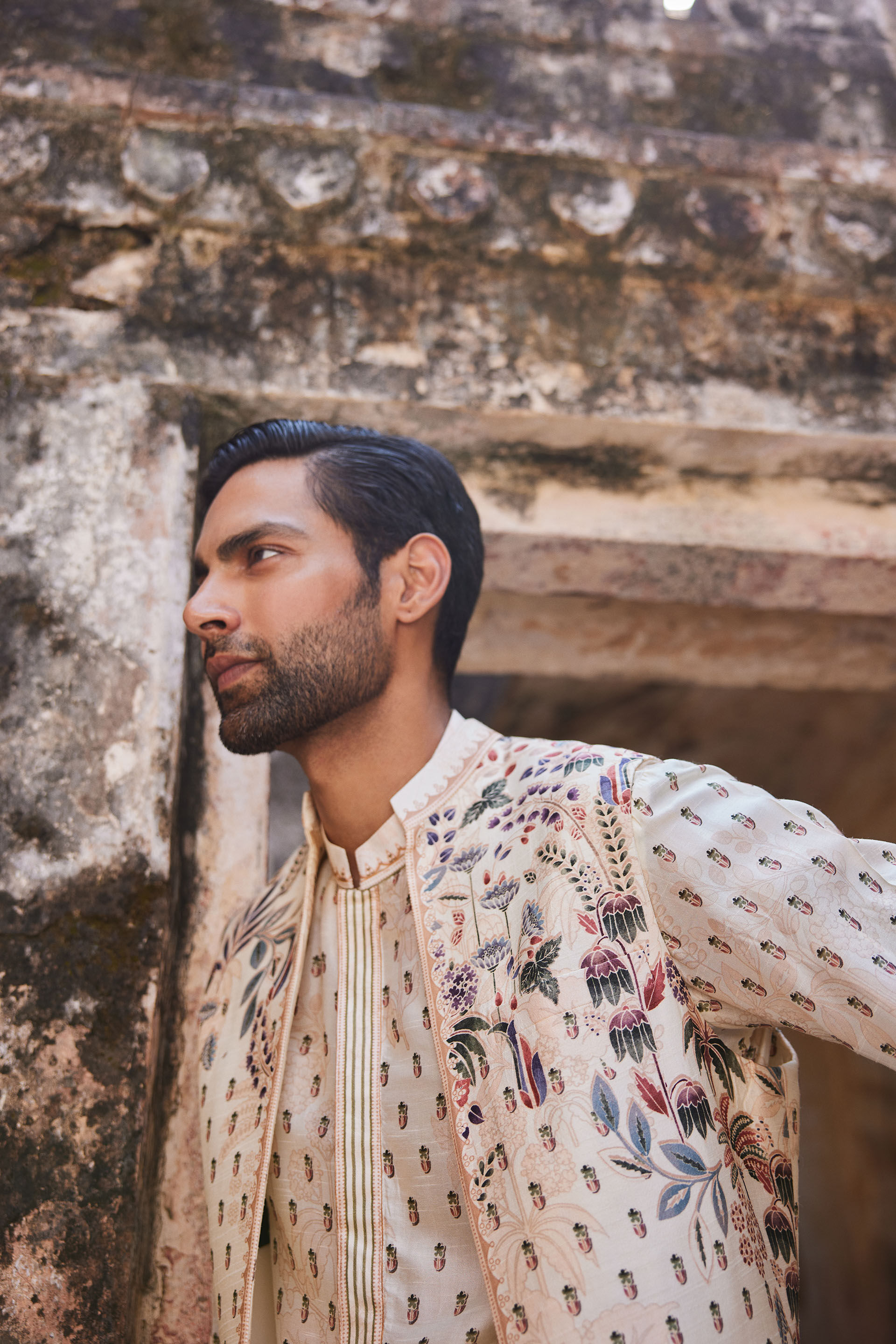 Kalhar Printed Silk Nehru Jacket - Ivory, Ivory, image 7