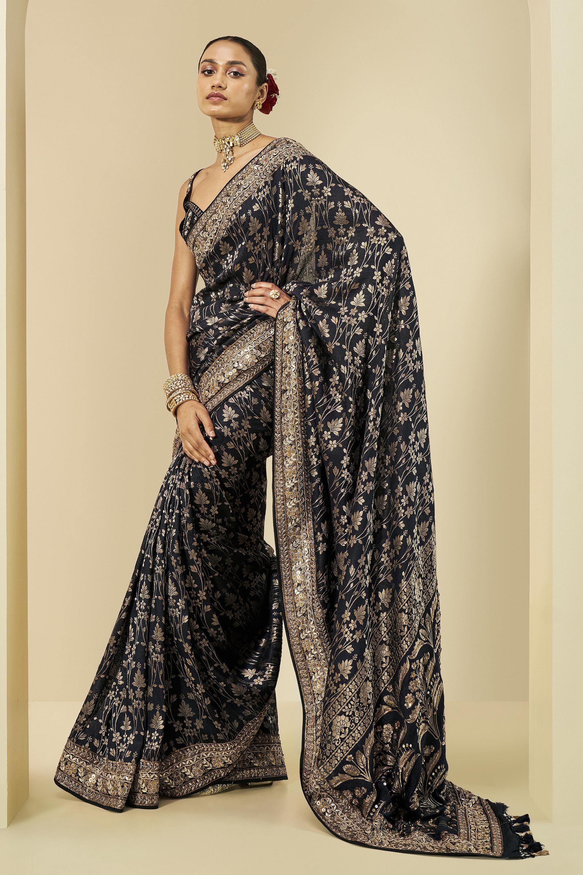Gleaming Forest Benarasi Silk Embroidered Saree, Black, image 2