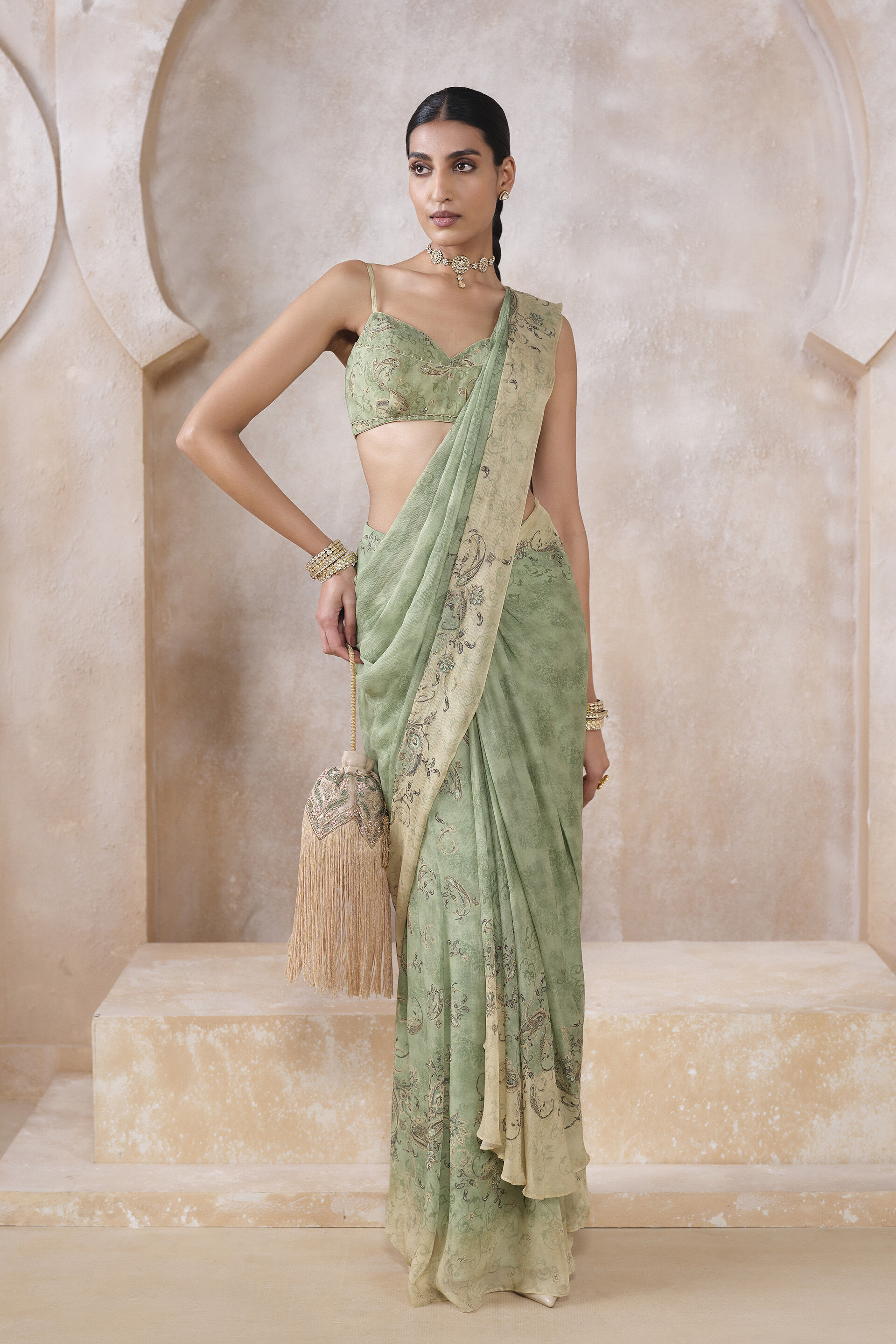 Lizbet Sequin Chiffon Pre-draped Saree - Green, Green, image 1