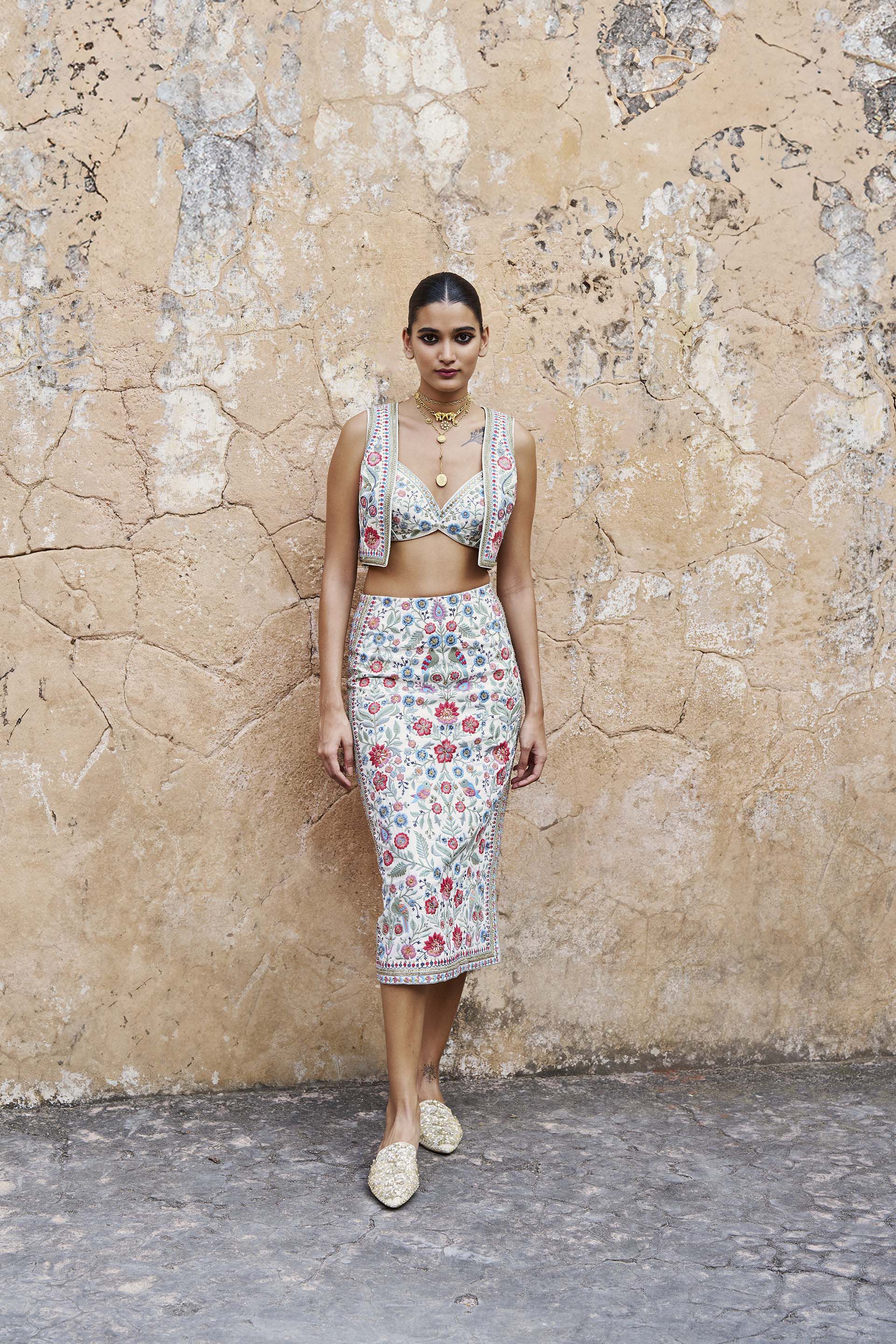 Embroidered skirt and top set sale