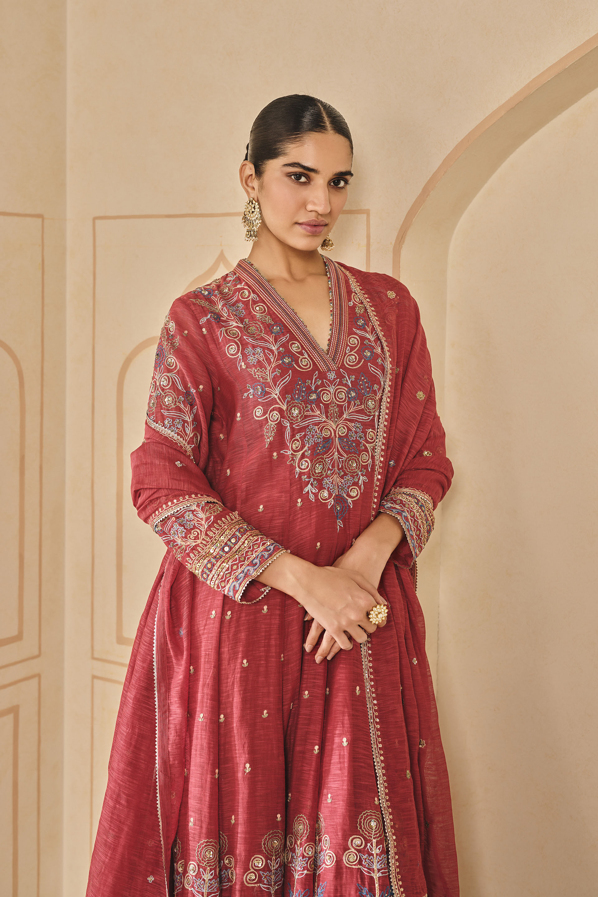 Zunaira Embroidered Mul Anarkali Set - Red, Red, image 4