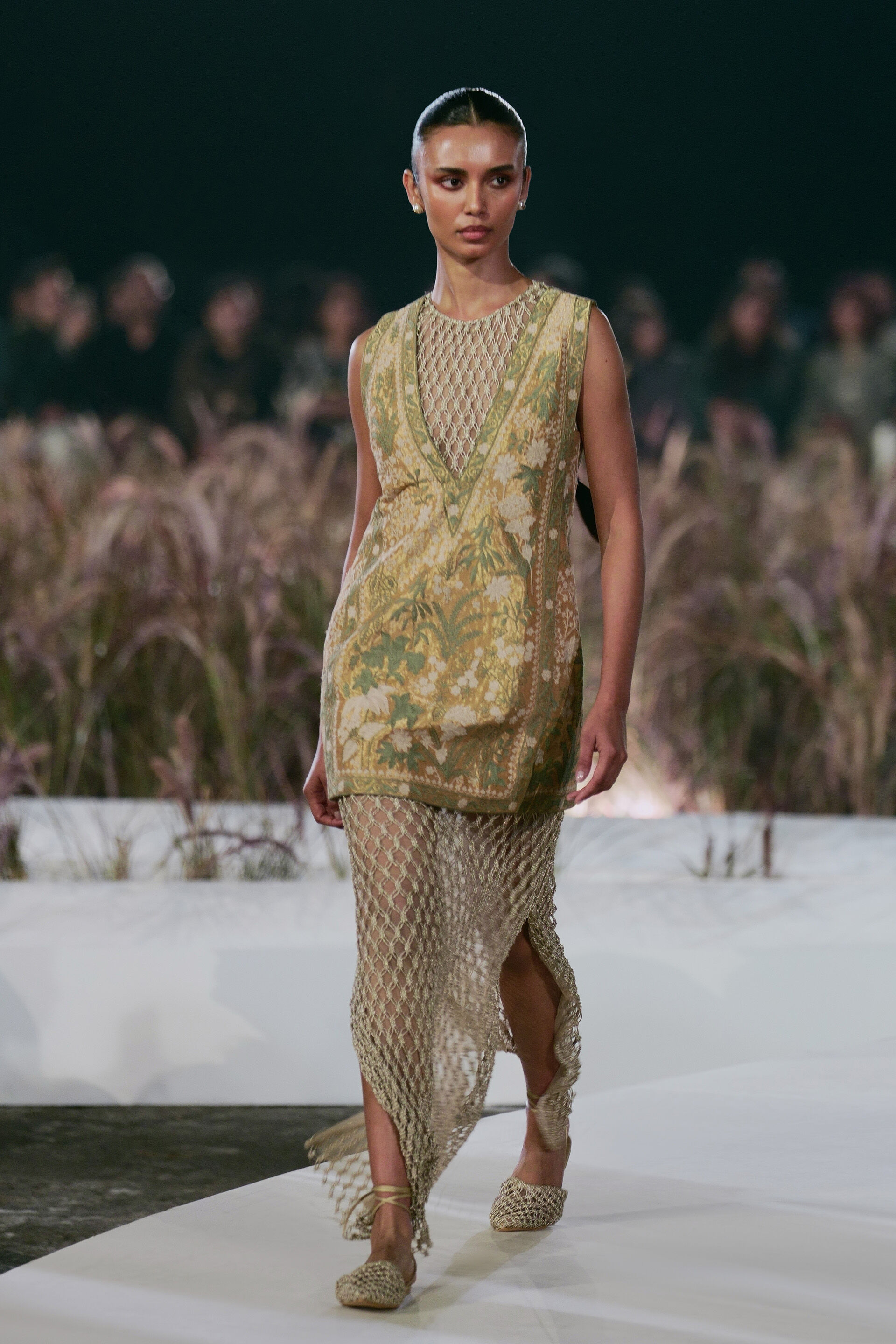 Zephyria Macrame & Embroidered Cord Gown Set - Gold