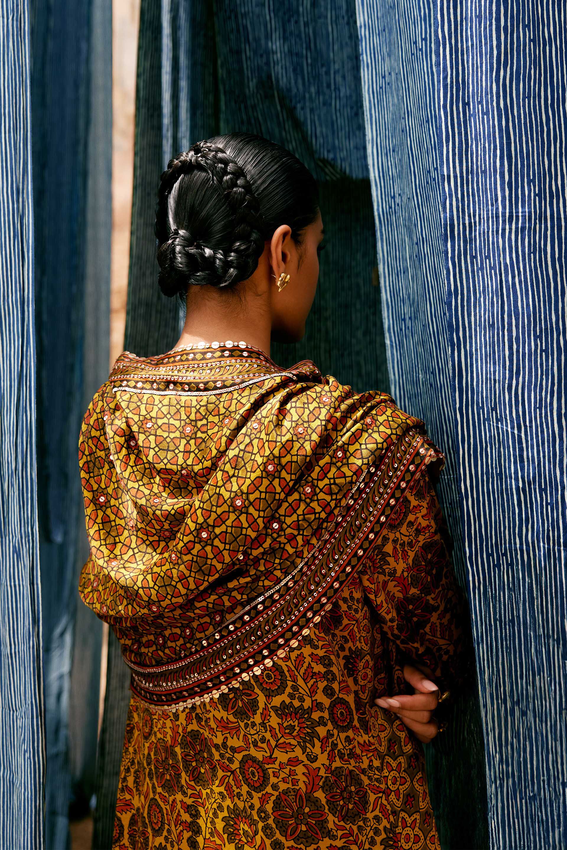 Kasano Ajrakh Hand-block Printed Silk Suit Set - Mustard