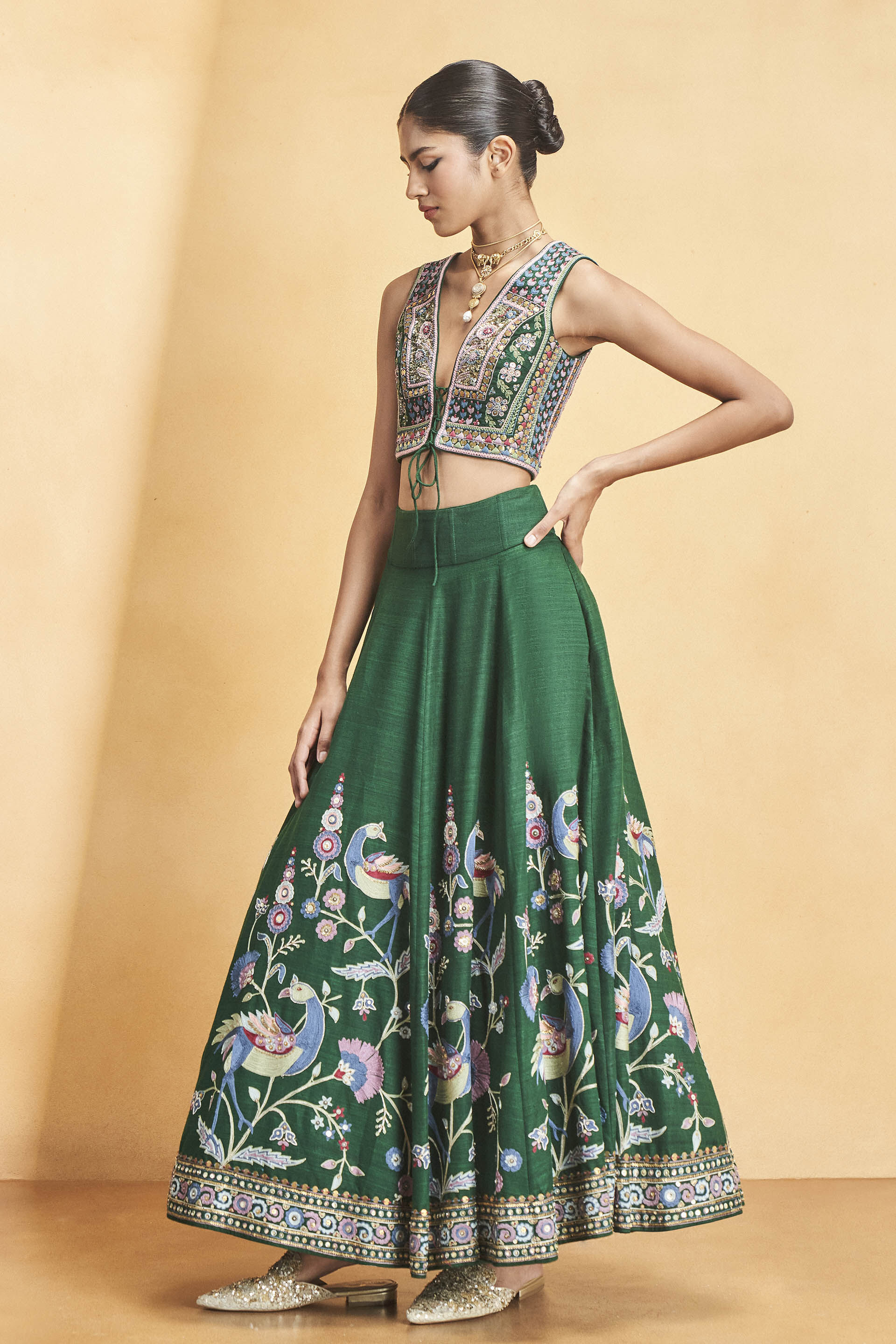 Evergreen Paradise Embroidered Zardozi Silk Skirt Set - Green