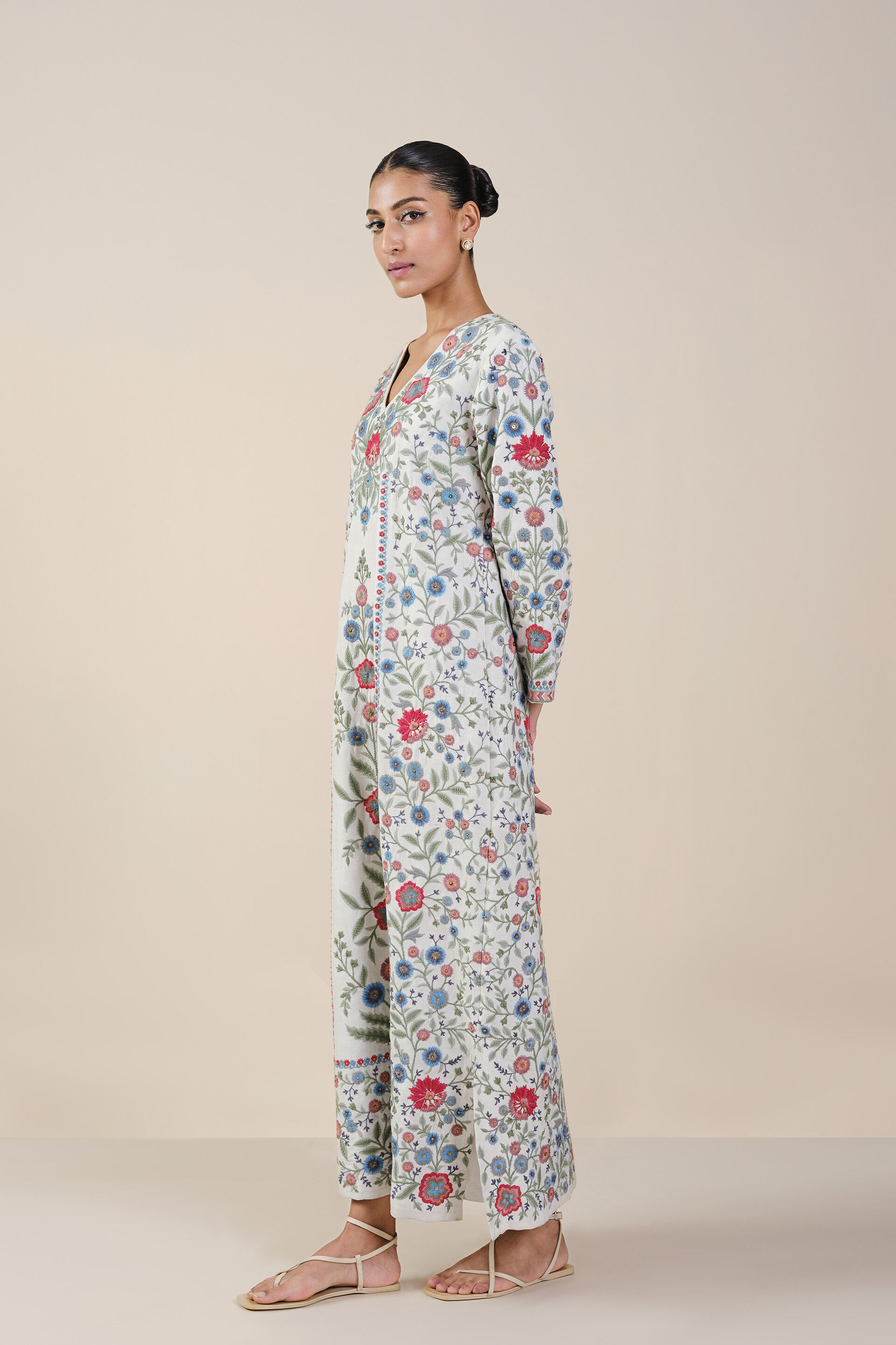 Galaxy of Flowers Embroidered Matka Silk Kaftan - White, White, image 2