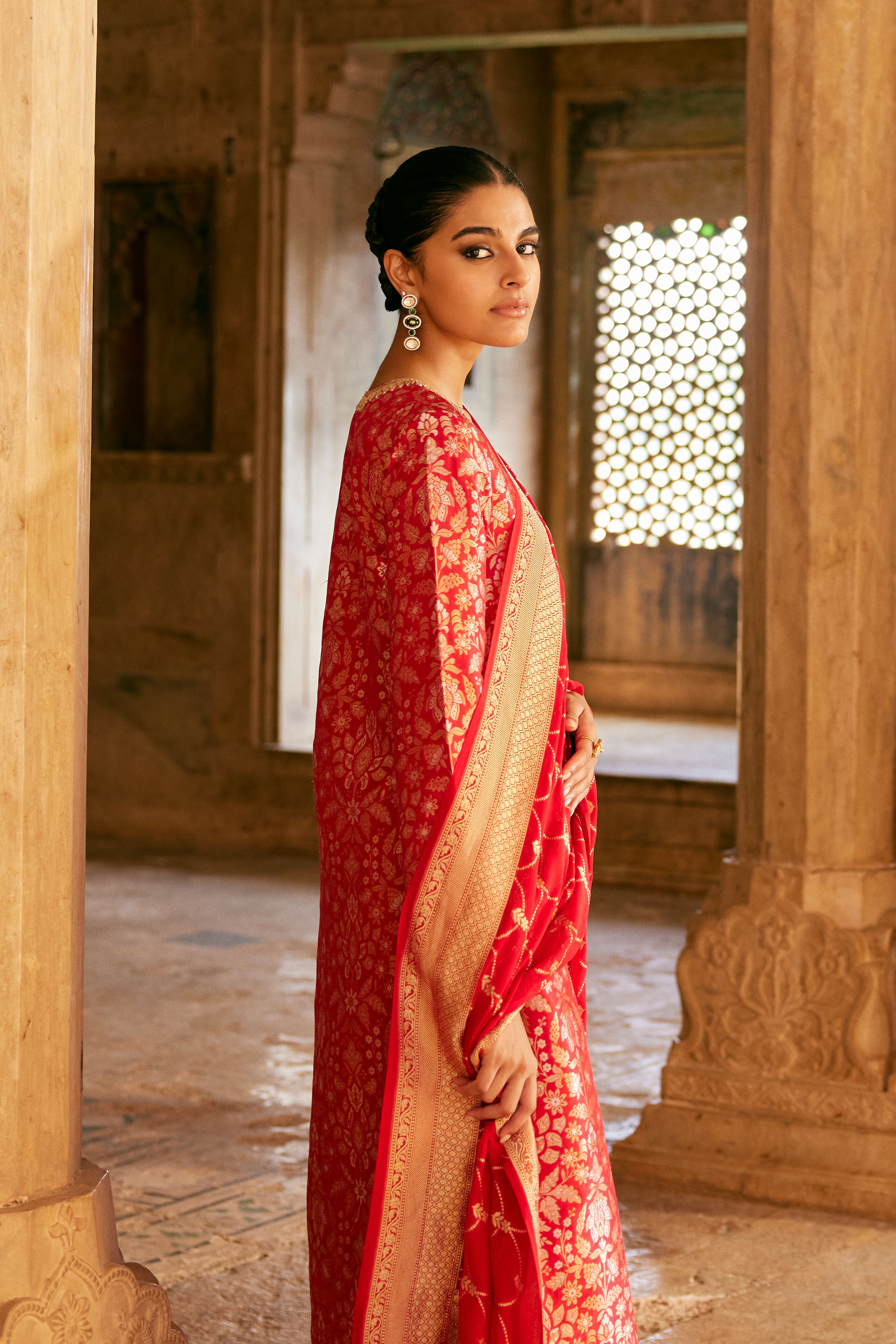 Samahita Handwoven Benarasi Silk Suit Set - Red