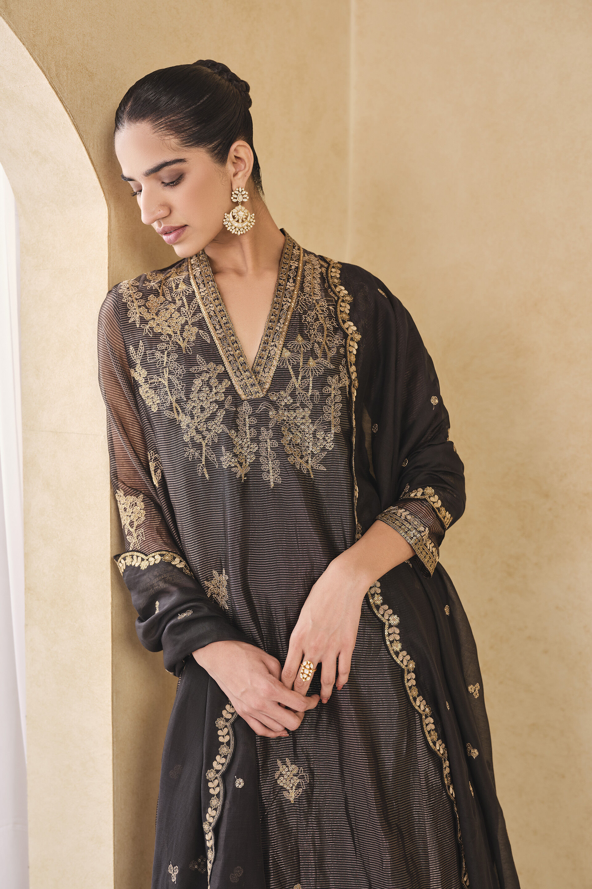 Arhana Embroidered Zardozi Mul Suit Set - Black, Black, image 4