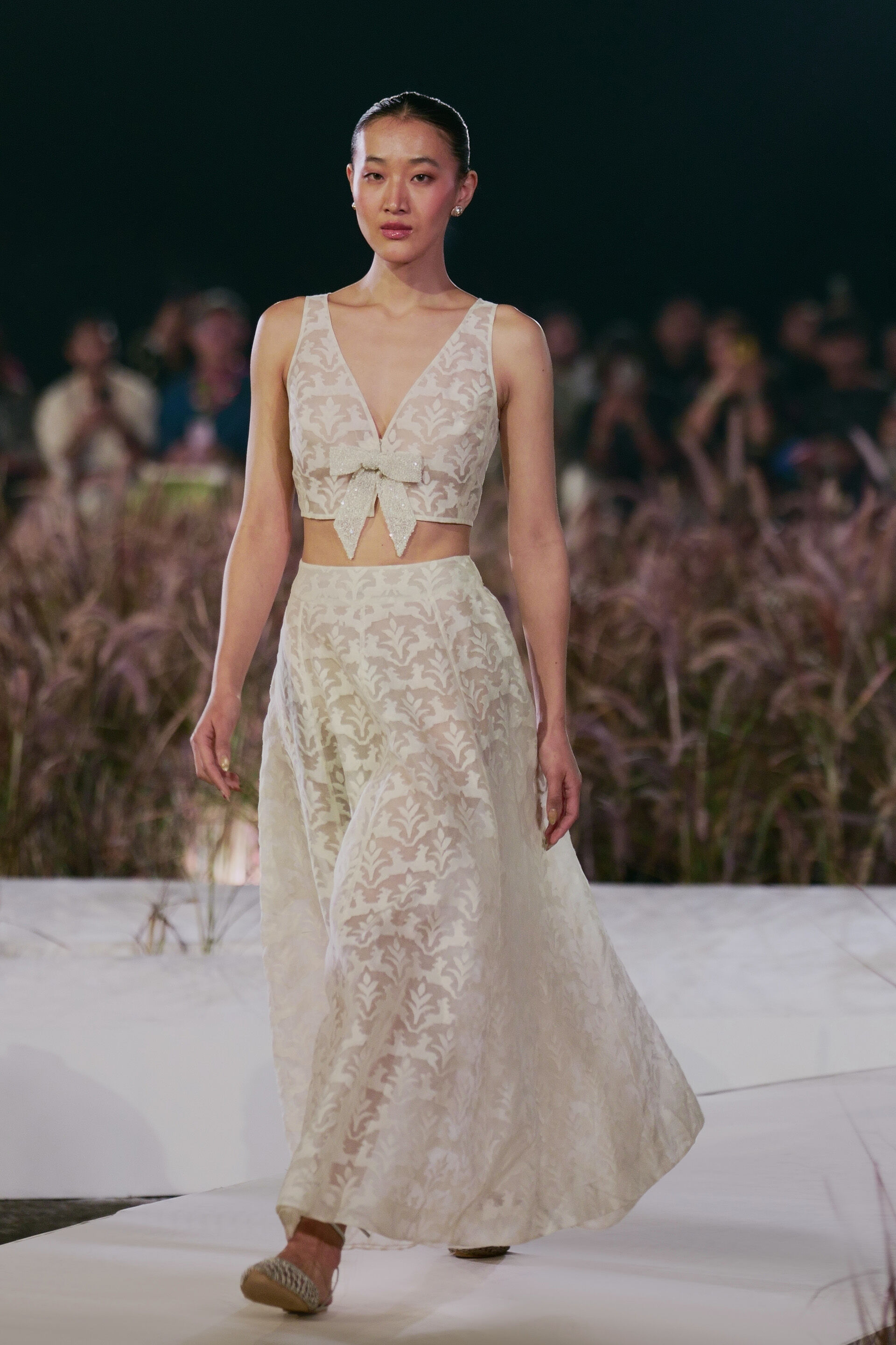 Fawn Woven Benarasi Silk Skirt Set - Ivory, Ivory, image 1