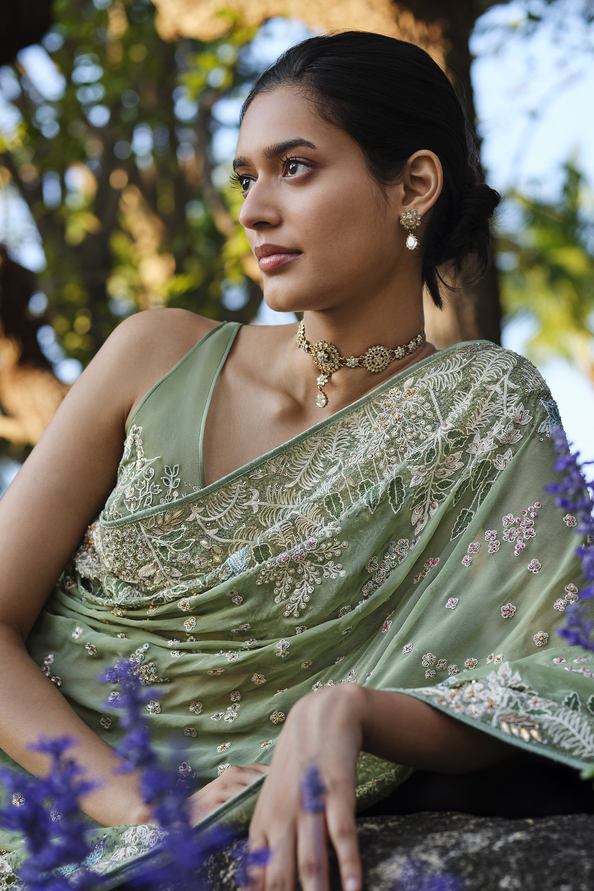 Elodea Embroidered Georgette Saree - Sage, Sage, image 3