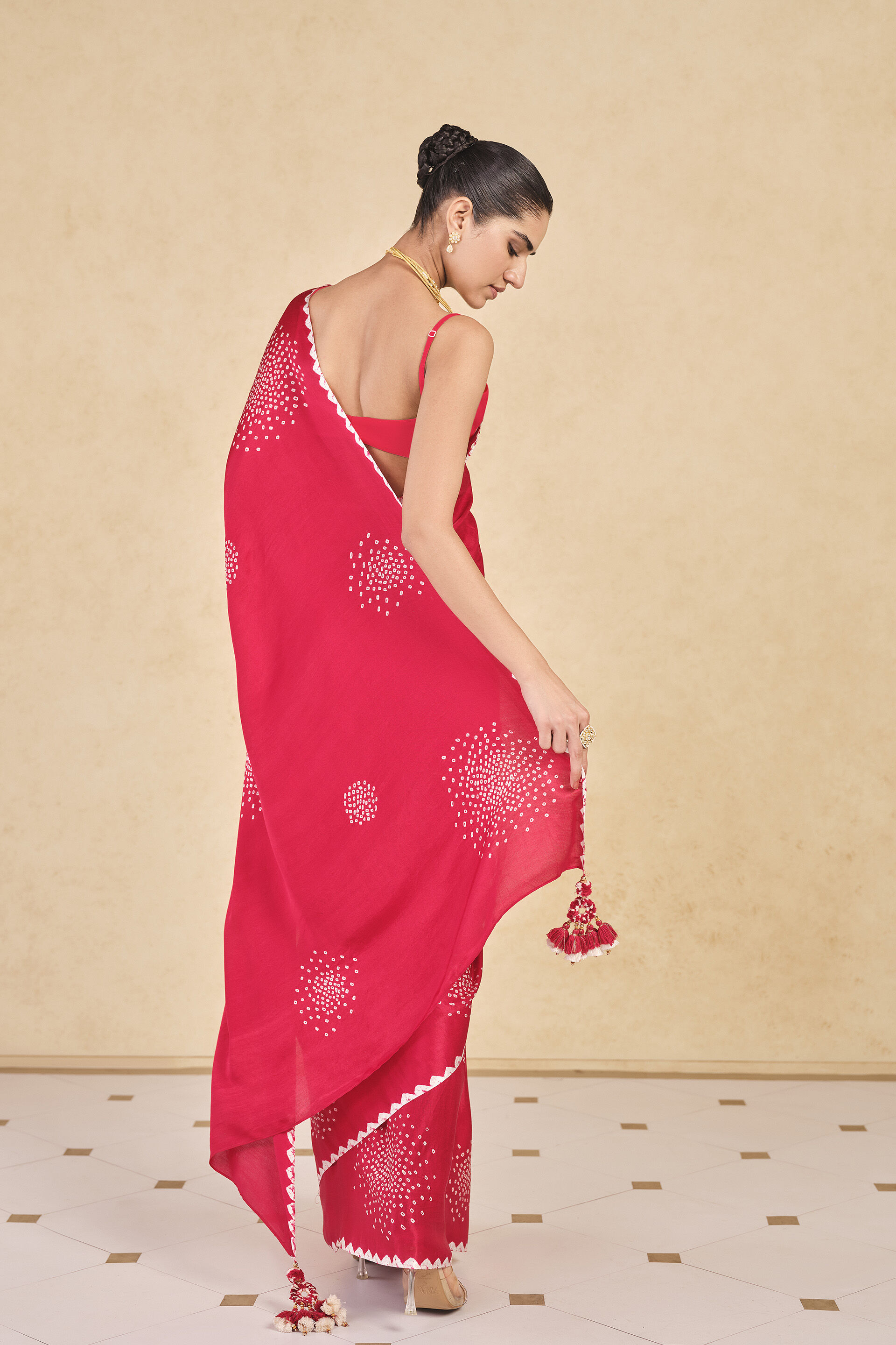 Maywa Handcrafted Bandhani Silk Saree - Red, Red, image 2