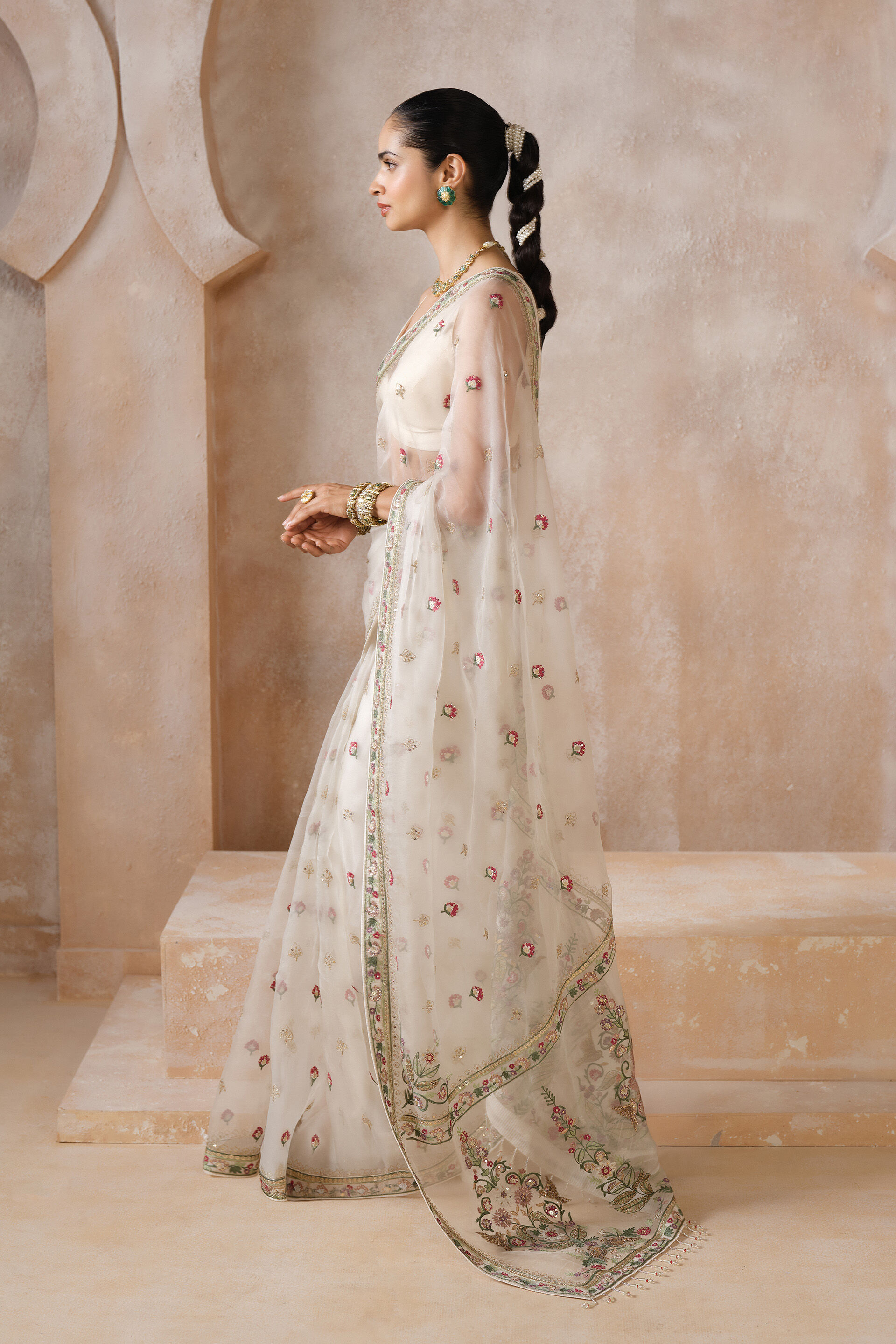 Anaysha Embroidered Silk Saree Set - Ivory, Ivory, image 3