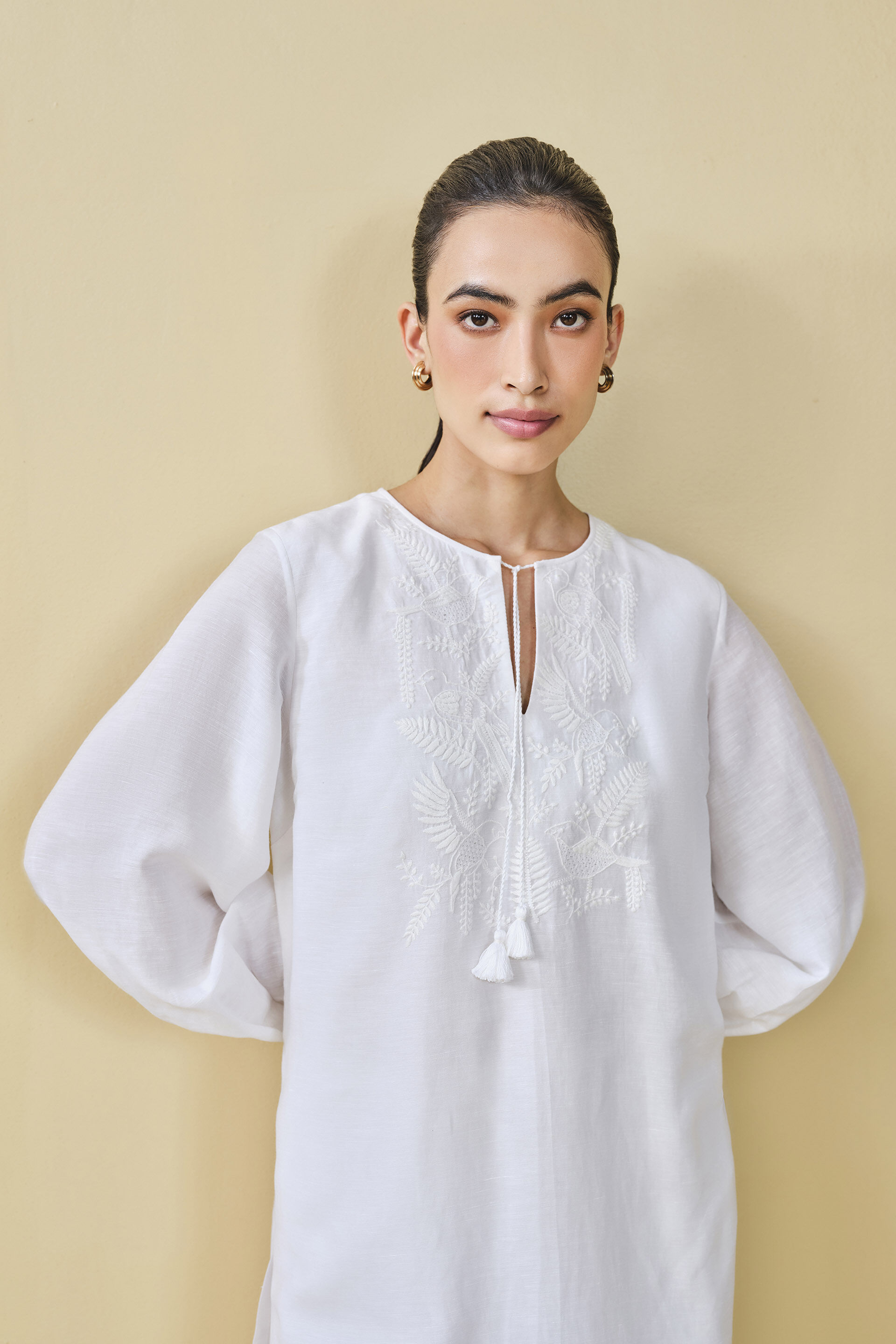 Cloud Sky Hand-embroidered Chikankari Linen Co-ord - White, White, image 4