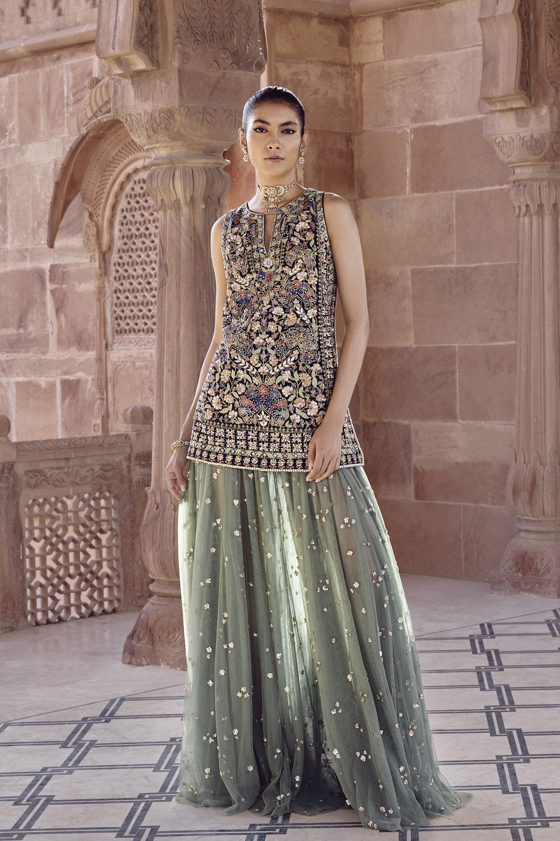 Floresta Embroidered Skirt Set - Sage