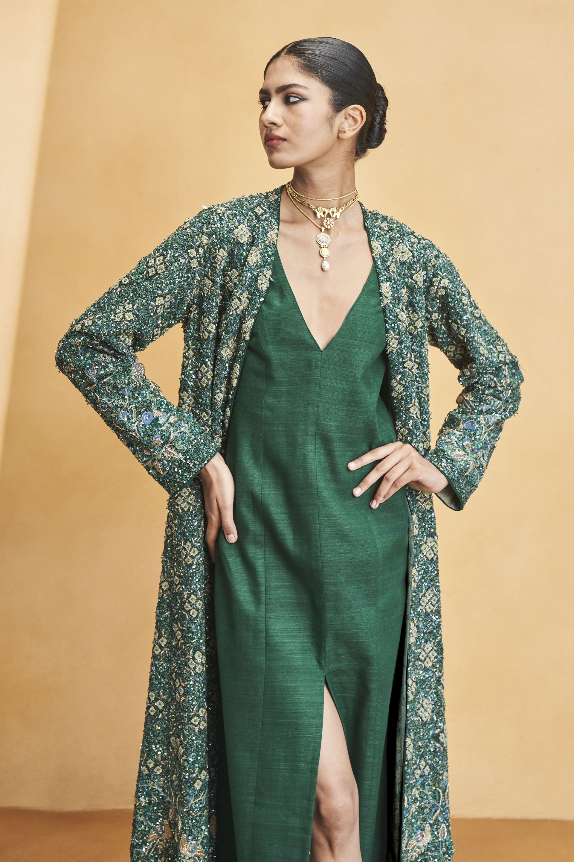 Deep Into The Wild Embroidered Zardozi Silk Jacket Set - Green, Green, image 7