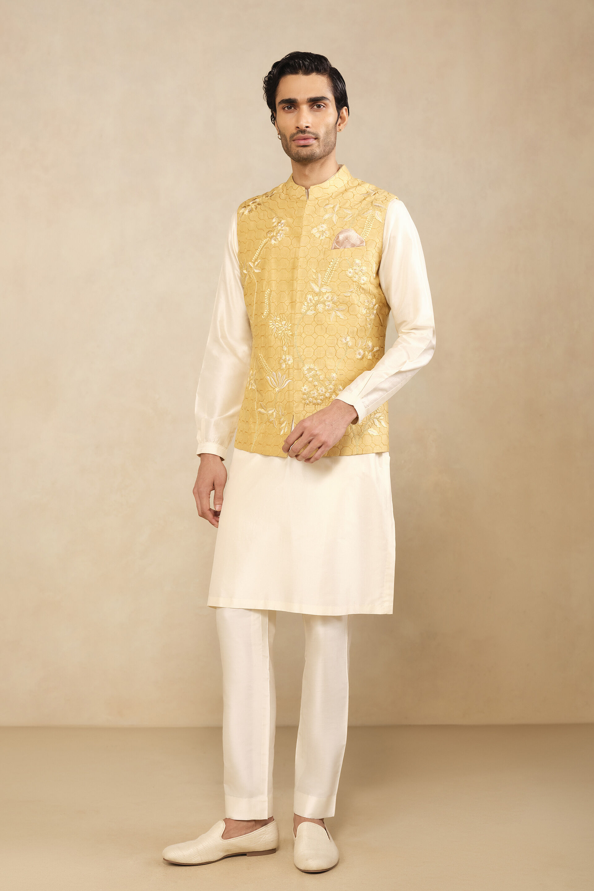 Omar Embroidered Silk Nehru Jacket - Mustard, Mustard, image 1