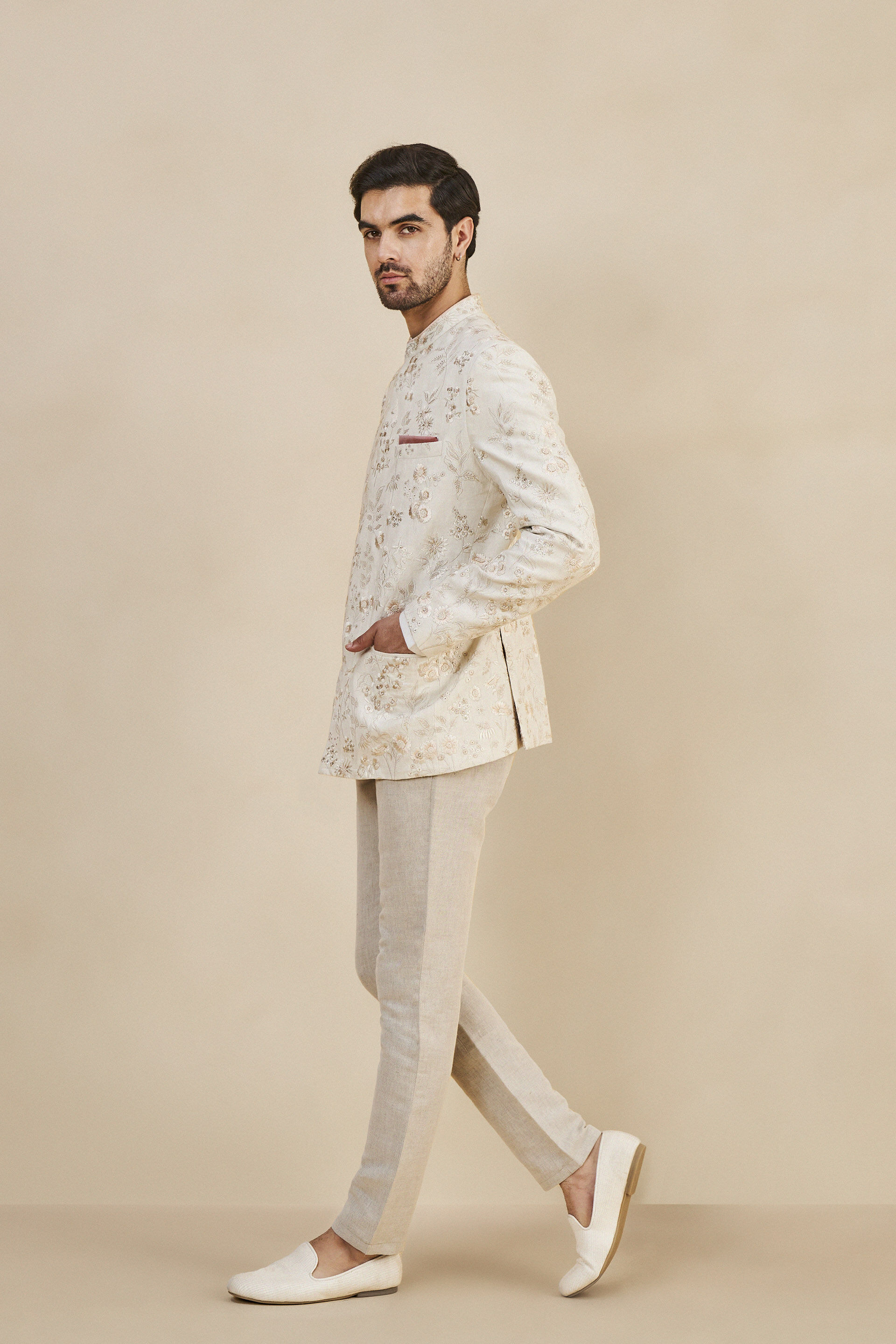 Nirad Embroidered Silk Bandhgala - Ivory, Ivory, image 3