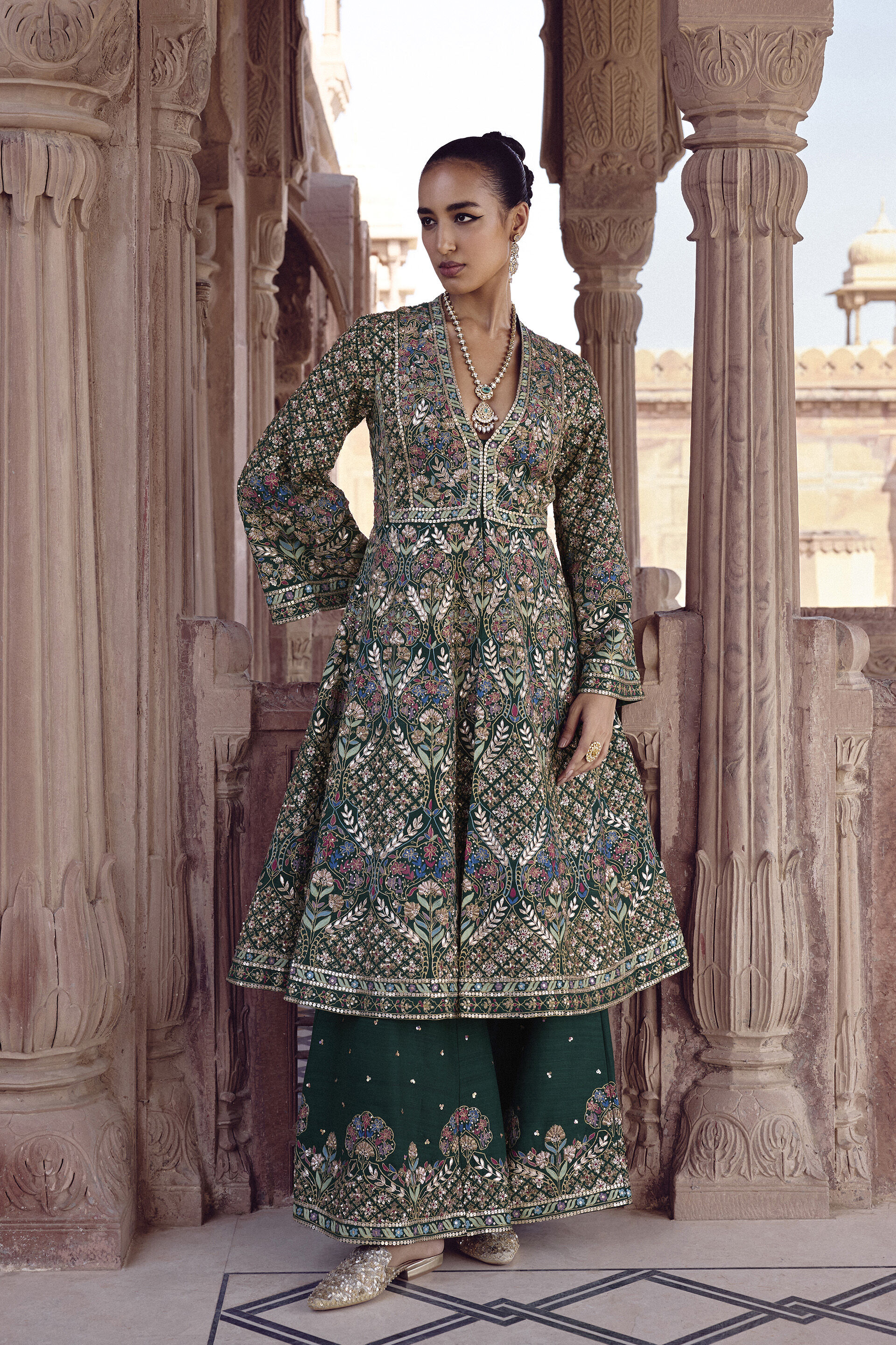 Nemora Embroidered Silk Anarkali Set - Green