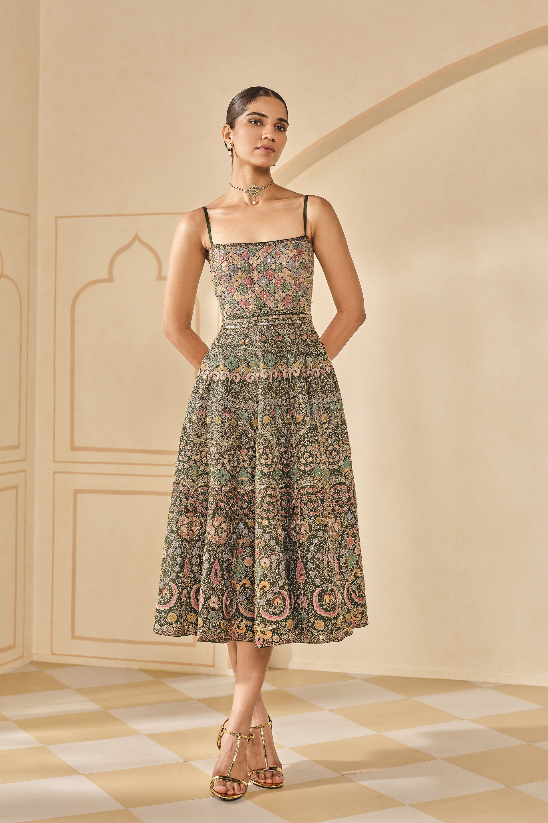 Chesney Embroidered Silk Dress - Green