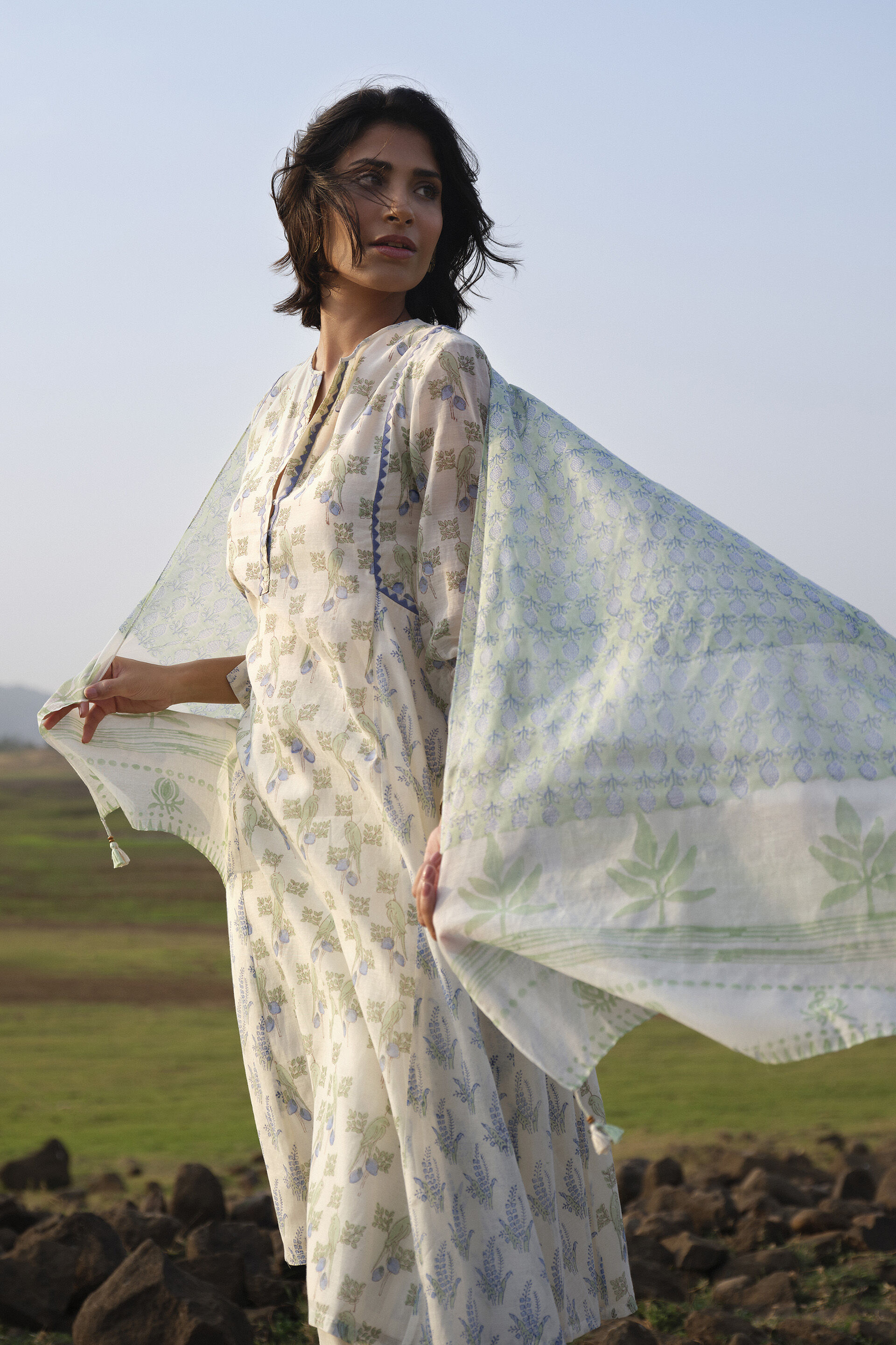 Damara Hand-block Printed Mul Stole - Sage