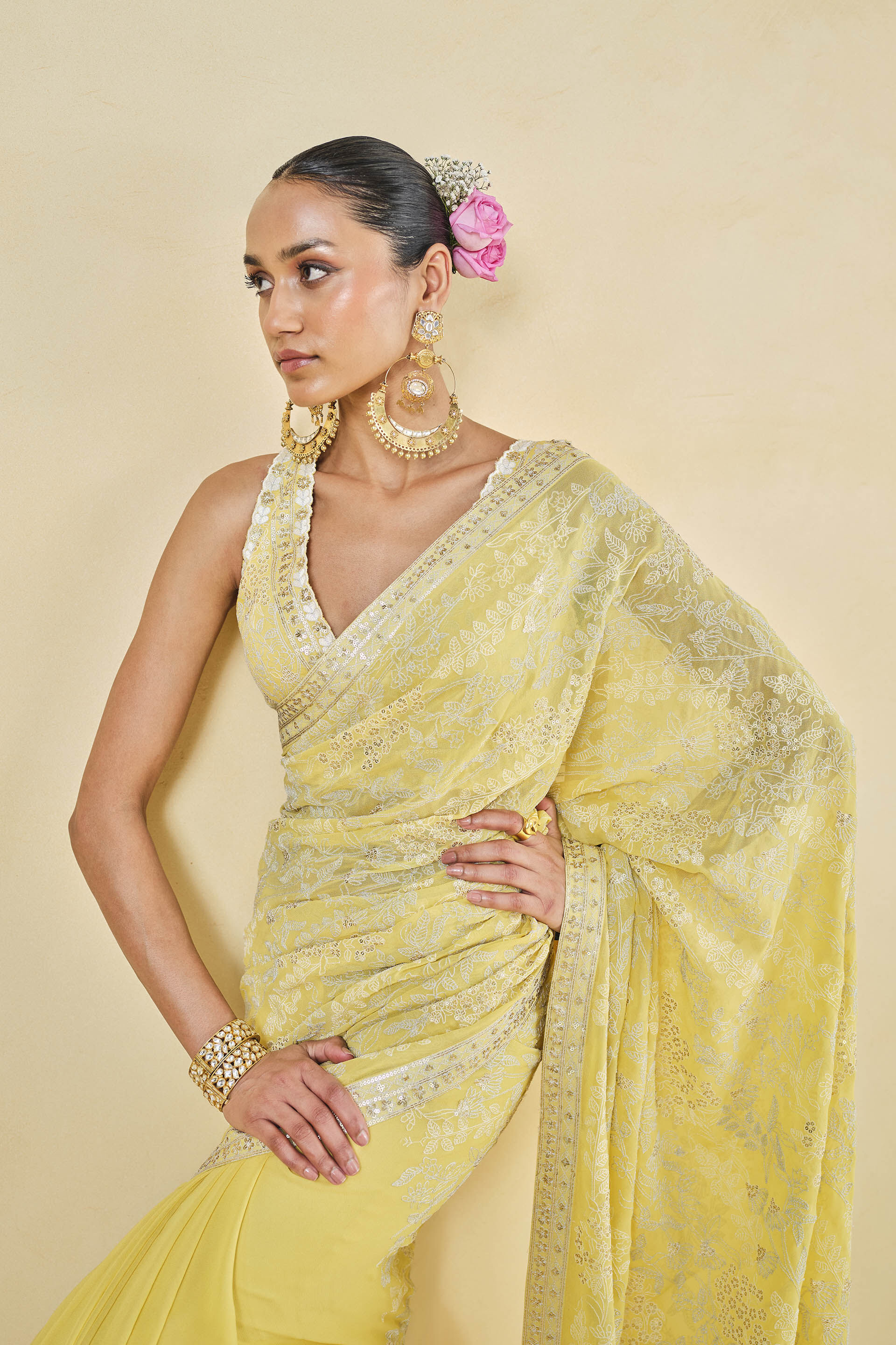 Allamanda Embroidered Georgette Saree - Yellow, Yellow, image 4