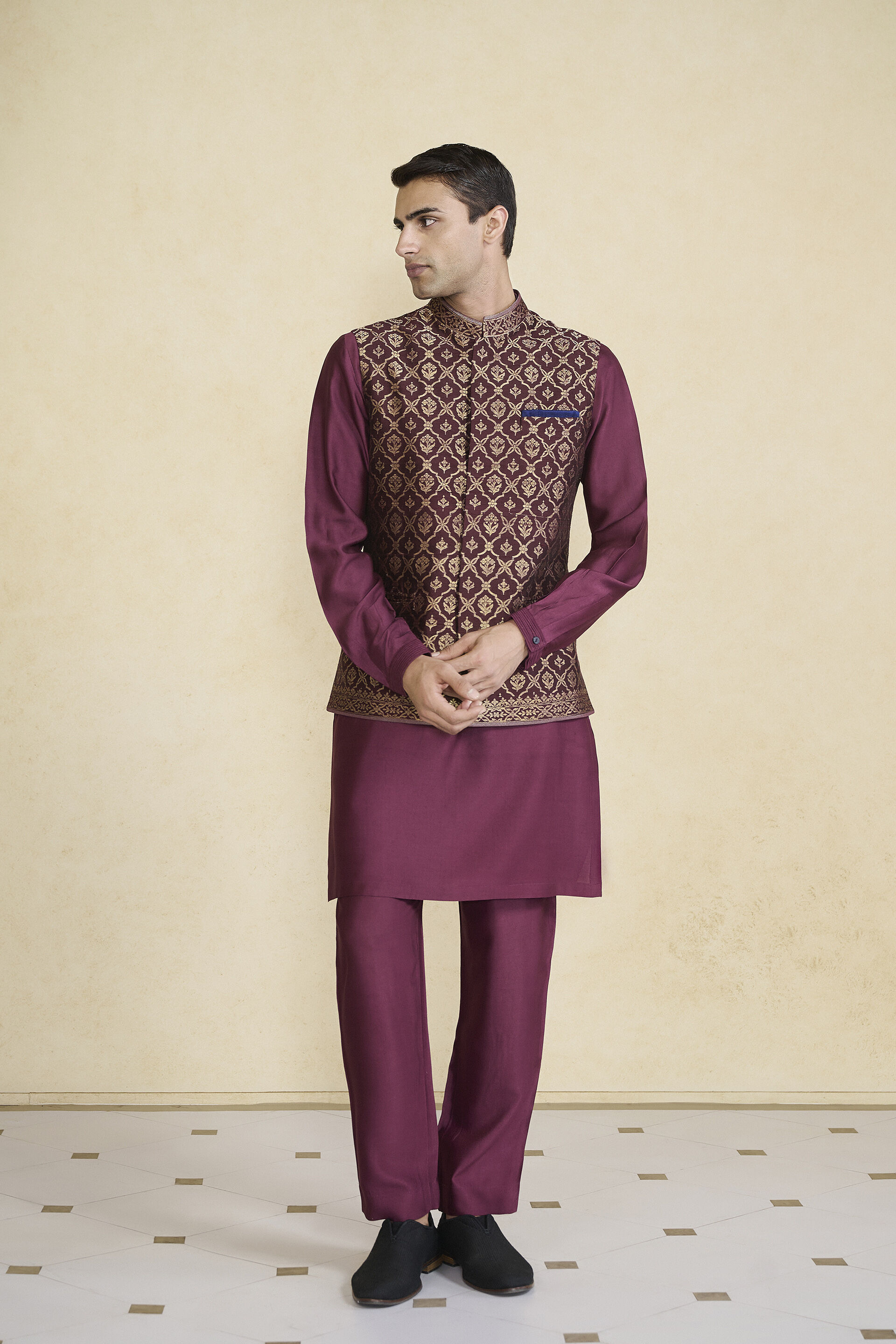 Davin Handwoven Benarasi Nehru Jacket - Plum, Plum, image 1
