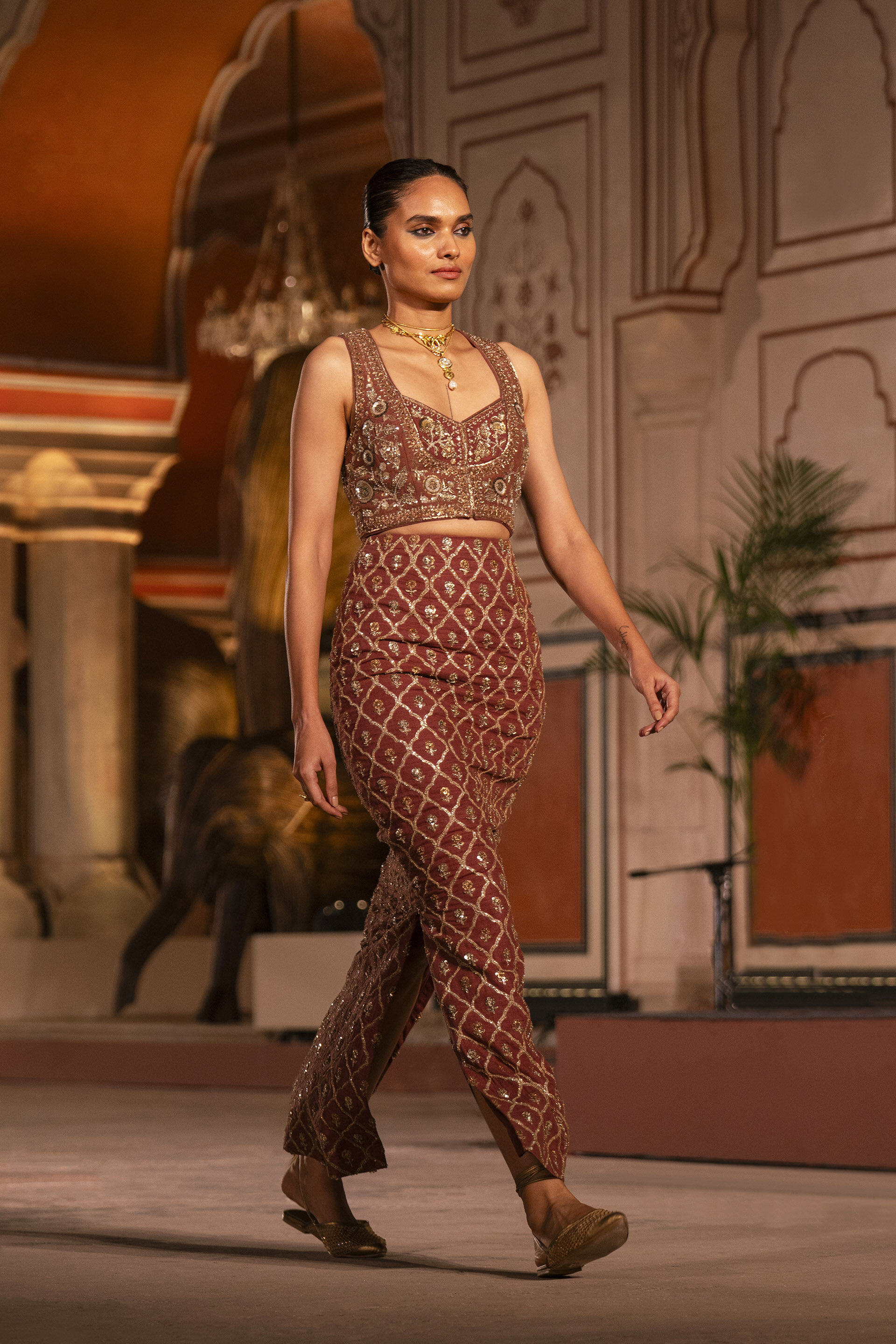 Ballad Of The Woods Embroidered Zardozi Silk Skirt Set - Brown, Brown, image 4