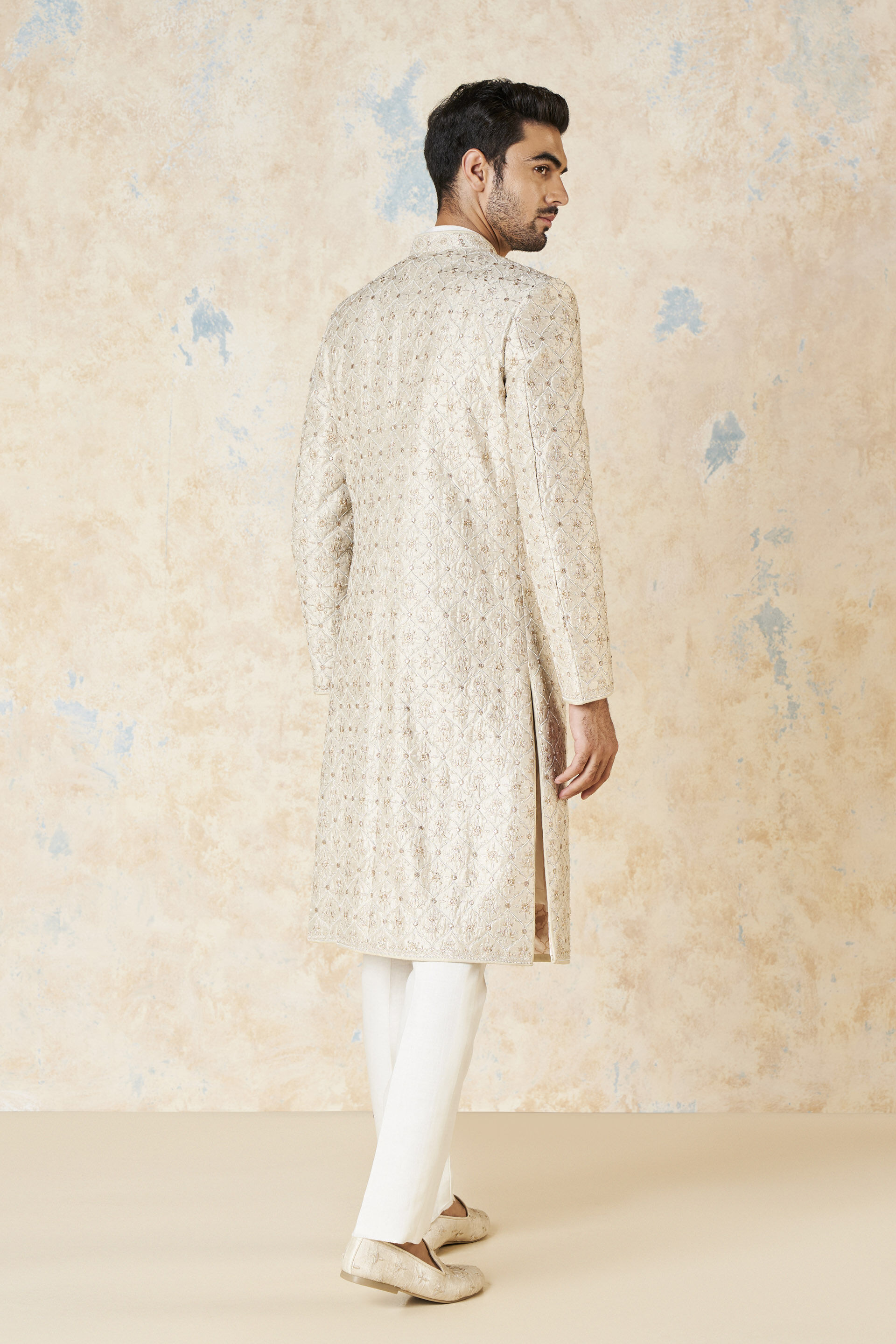 Ainesh Gota Patti & Aari Silk Sherwani - Ivory, Ivory, image 3