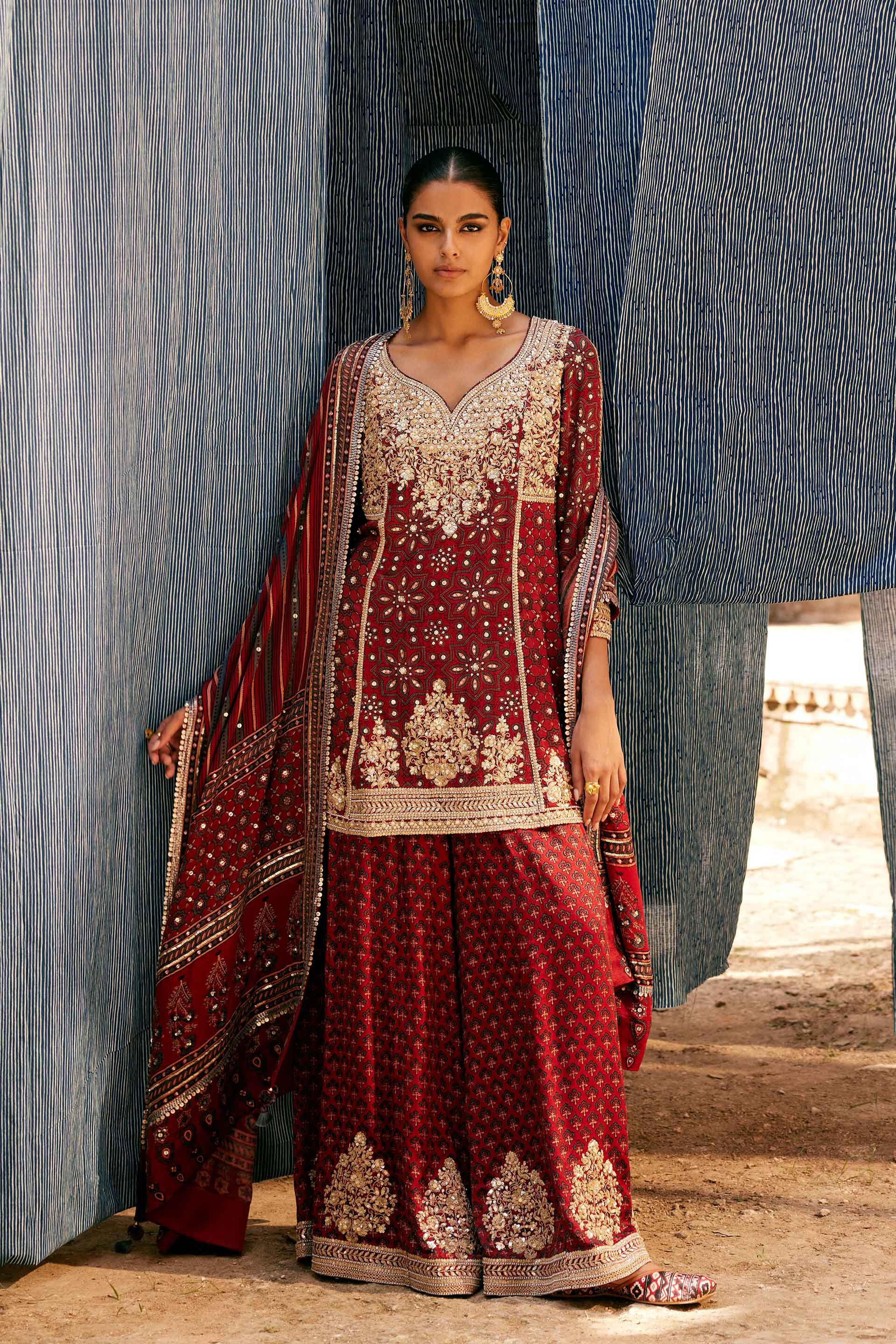 Kirsa Ajrakh Hand-block Printed Silk Sharara Set - Red, Red, image 1