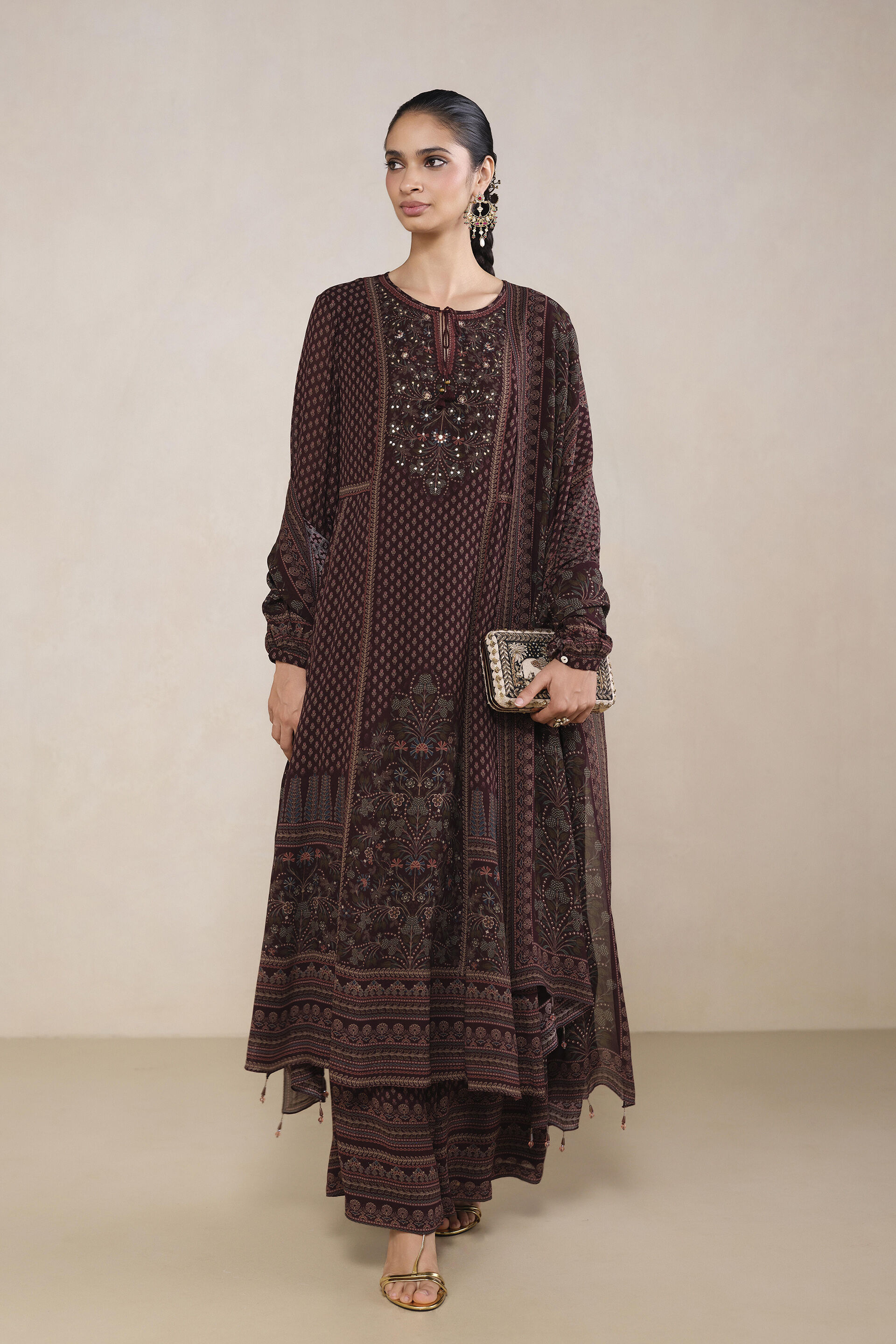 Diya Printed Suit Set in Wine, Wine, image 1