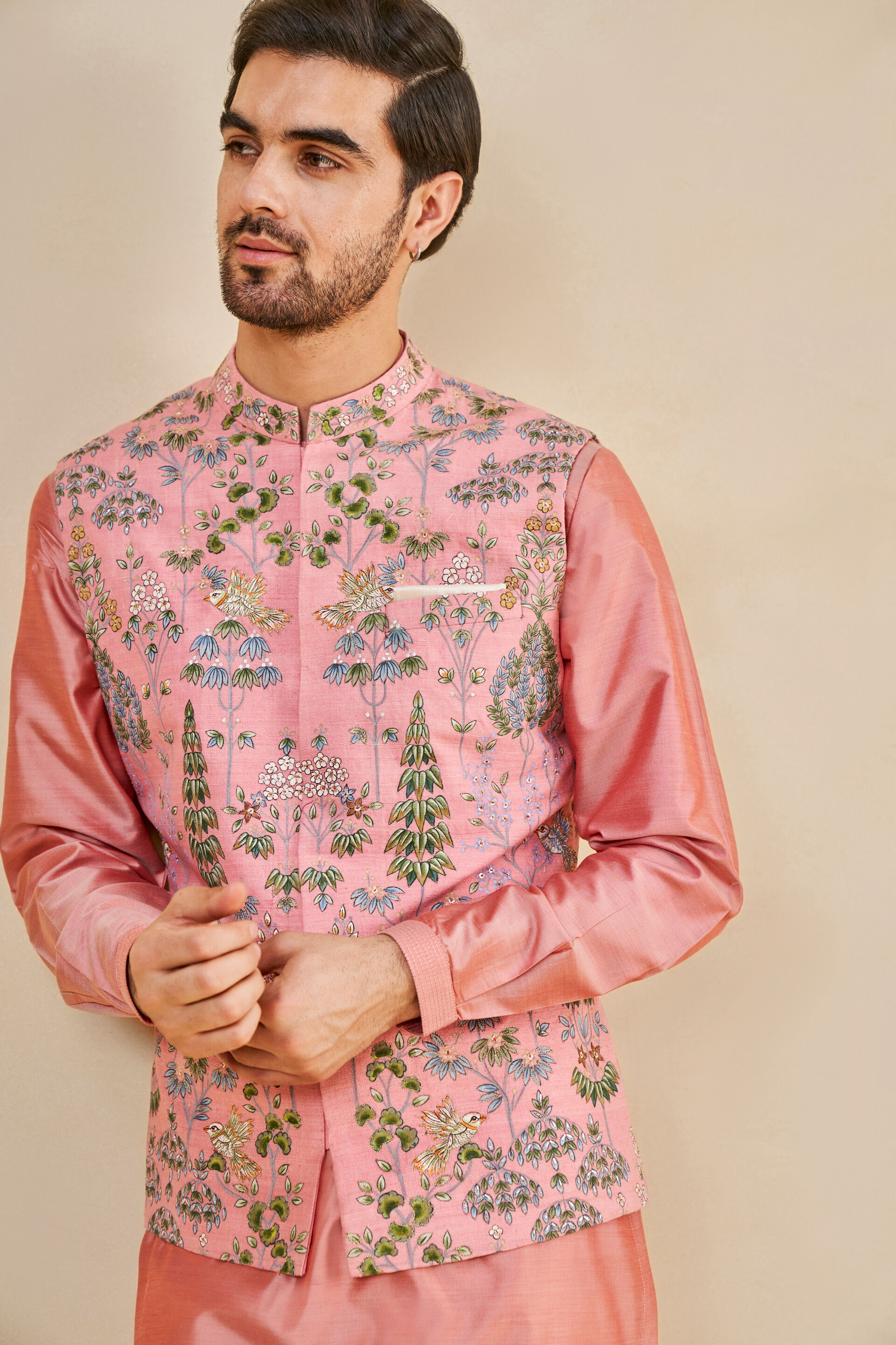 Nalesh Hand-painted Pichhwai Silk Nehru Jacket - Pink, Pink, image 6