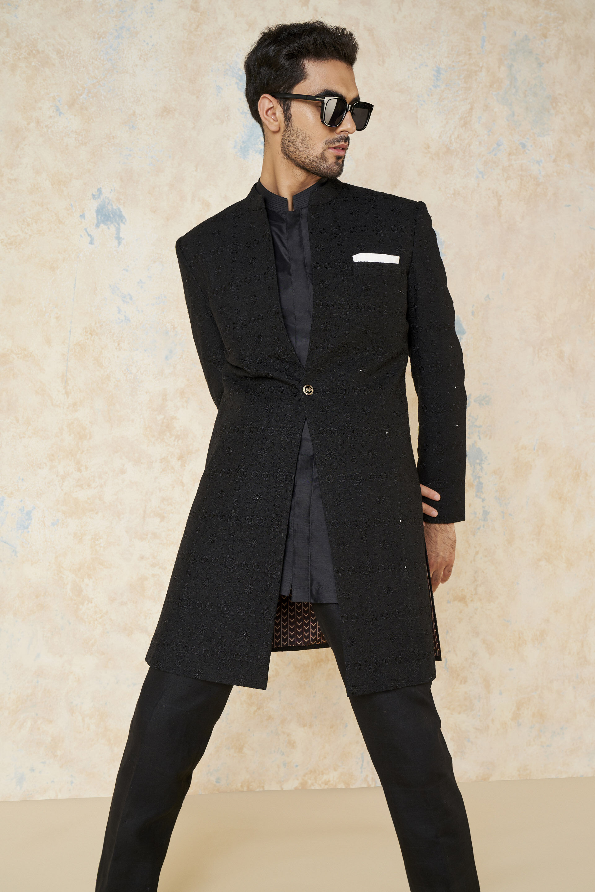 Yuven Silk Sherwani - Black, Black, image 4