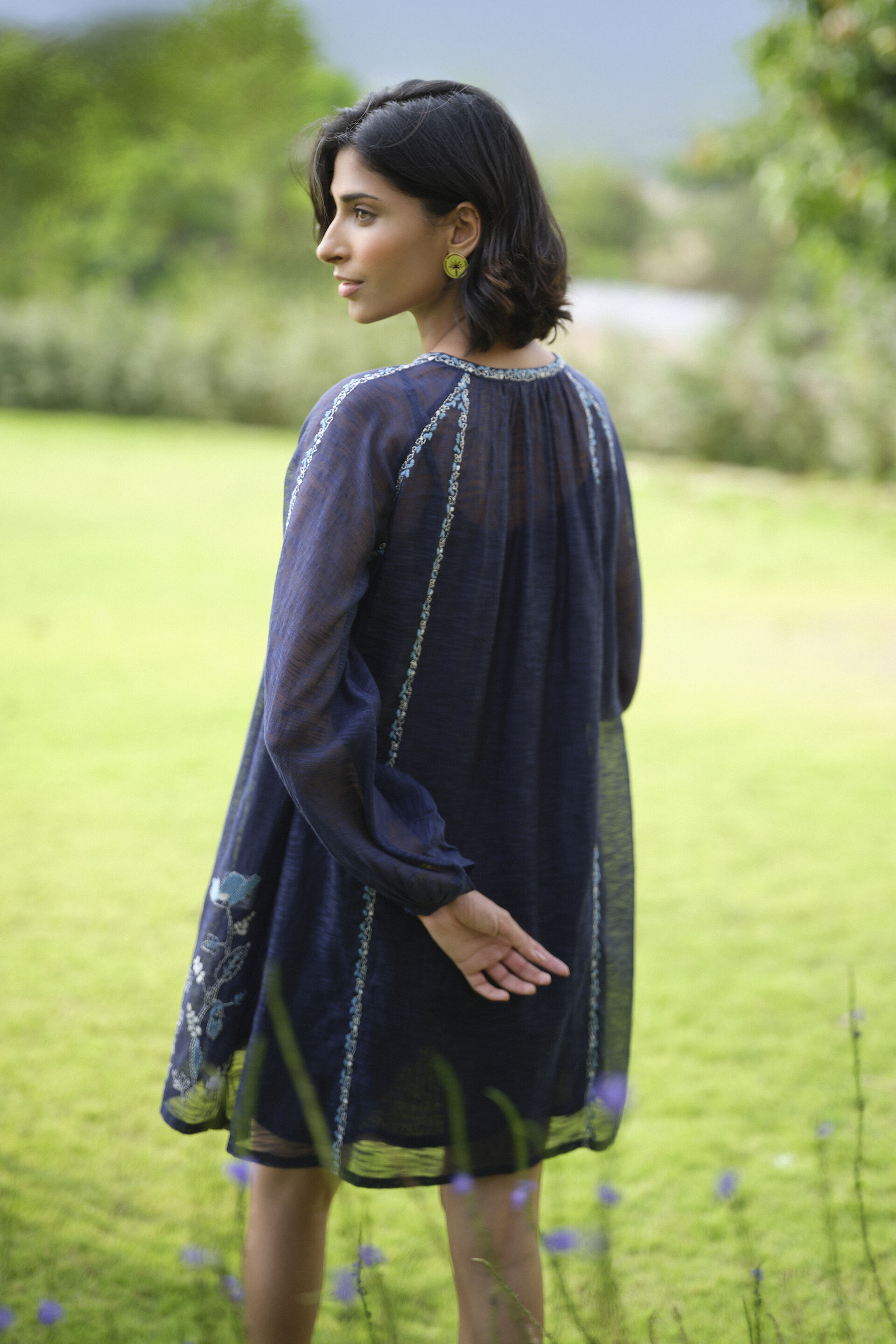 Folia Hand-embroidered Kantha Dress - Indigo