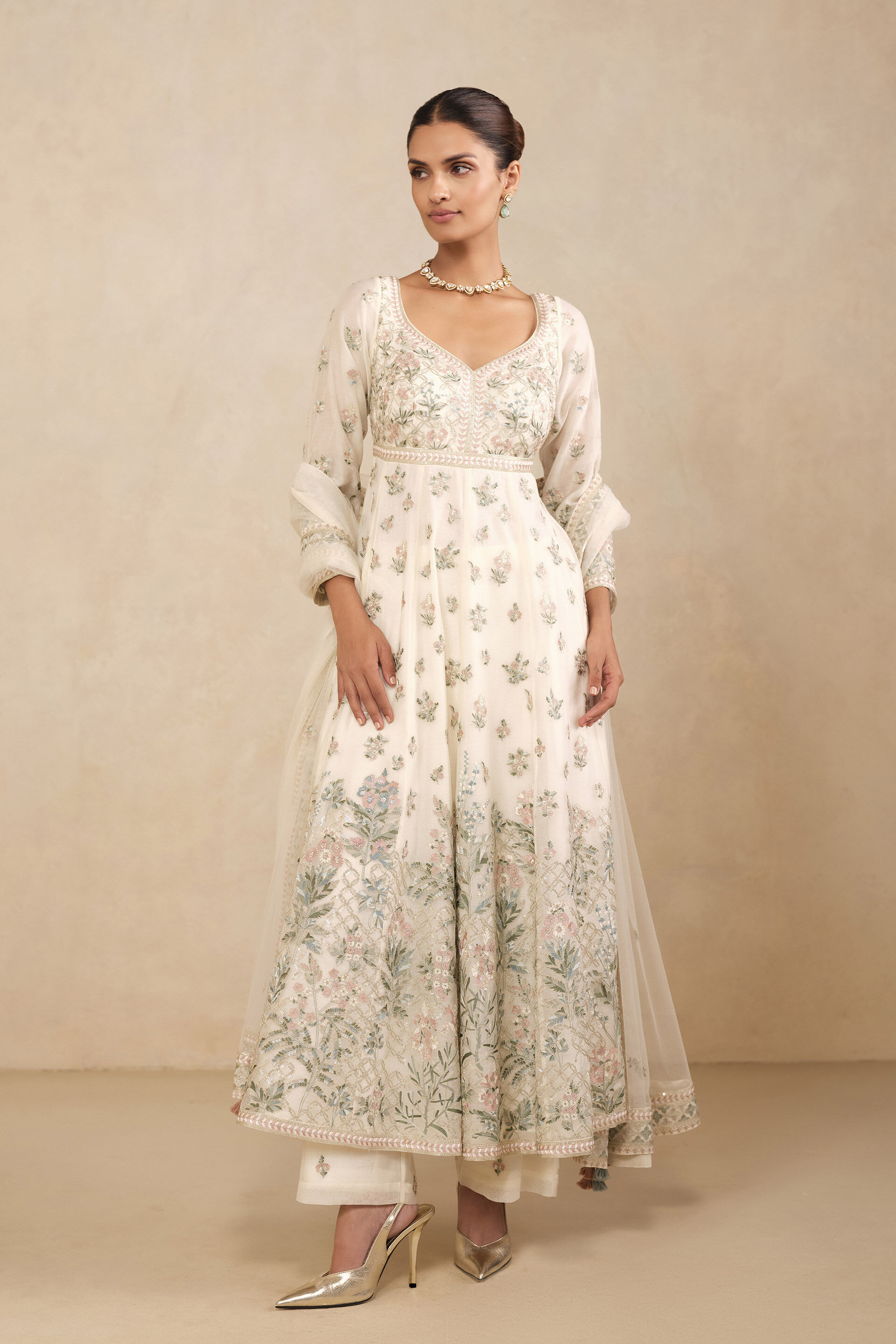 Zohra Embroidered Mul Anarkali Suit Set -  Ivory