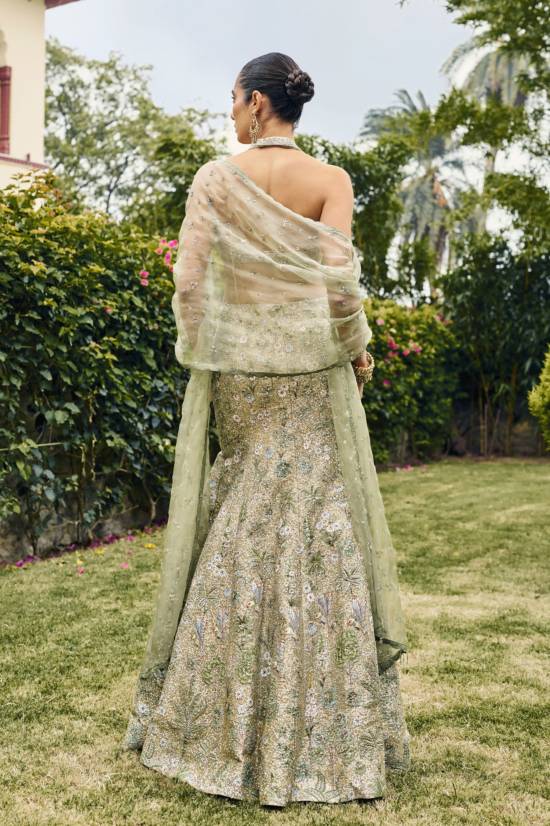 Reverie Hand-painted Pichhwai Fishtail Lehenga Set - ​Sage
