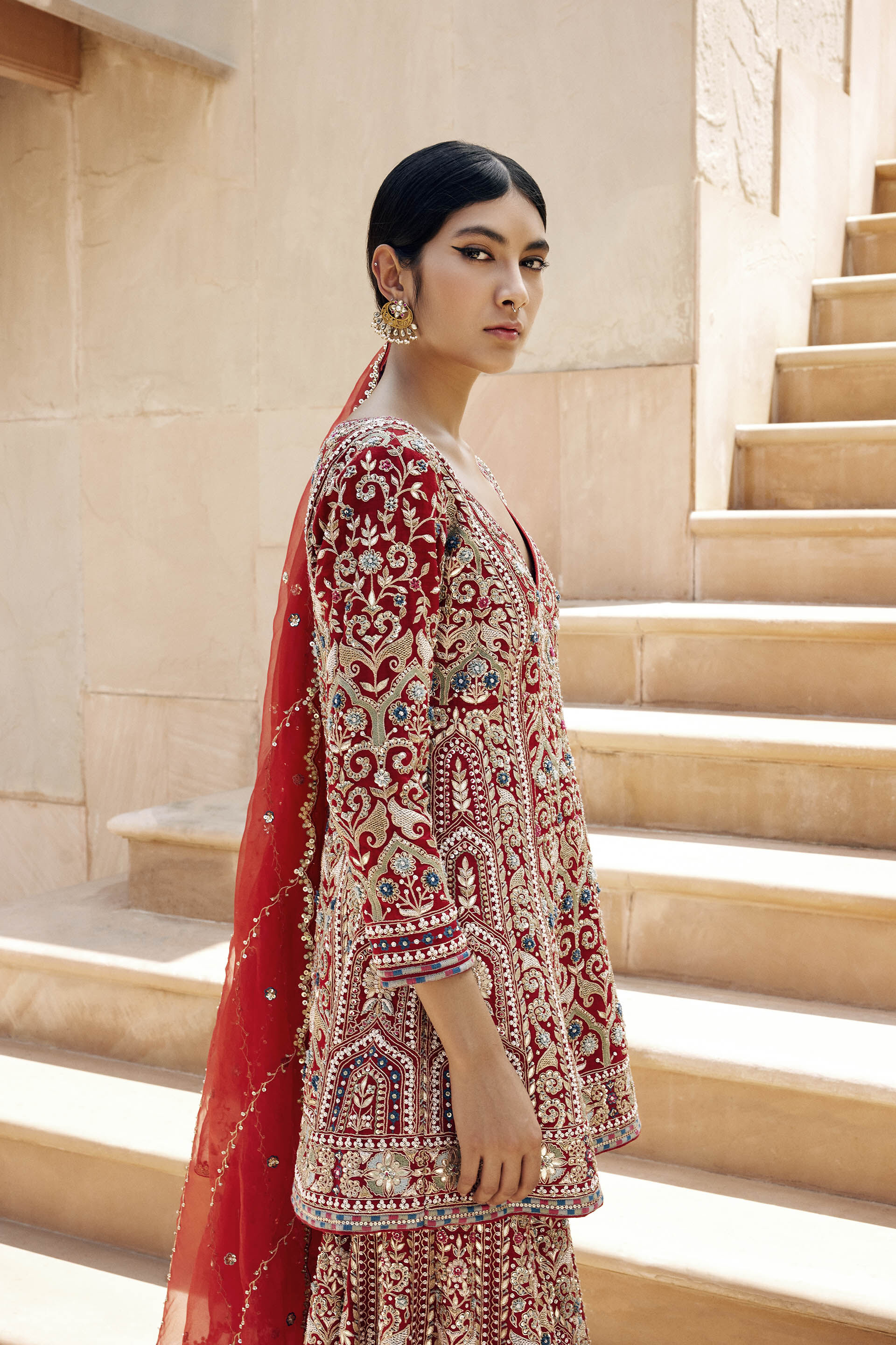 Chand Gota Patti & Resham Silk Gharara Set - Red, Red, image 4