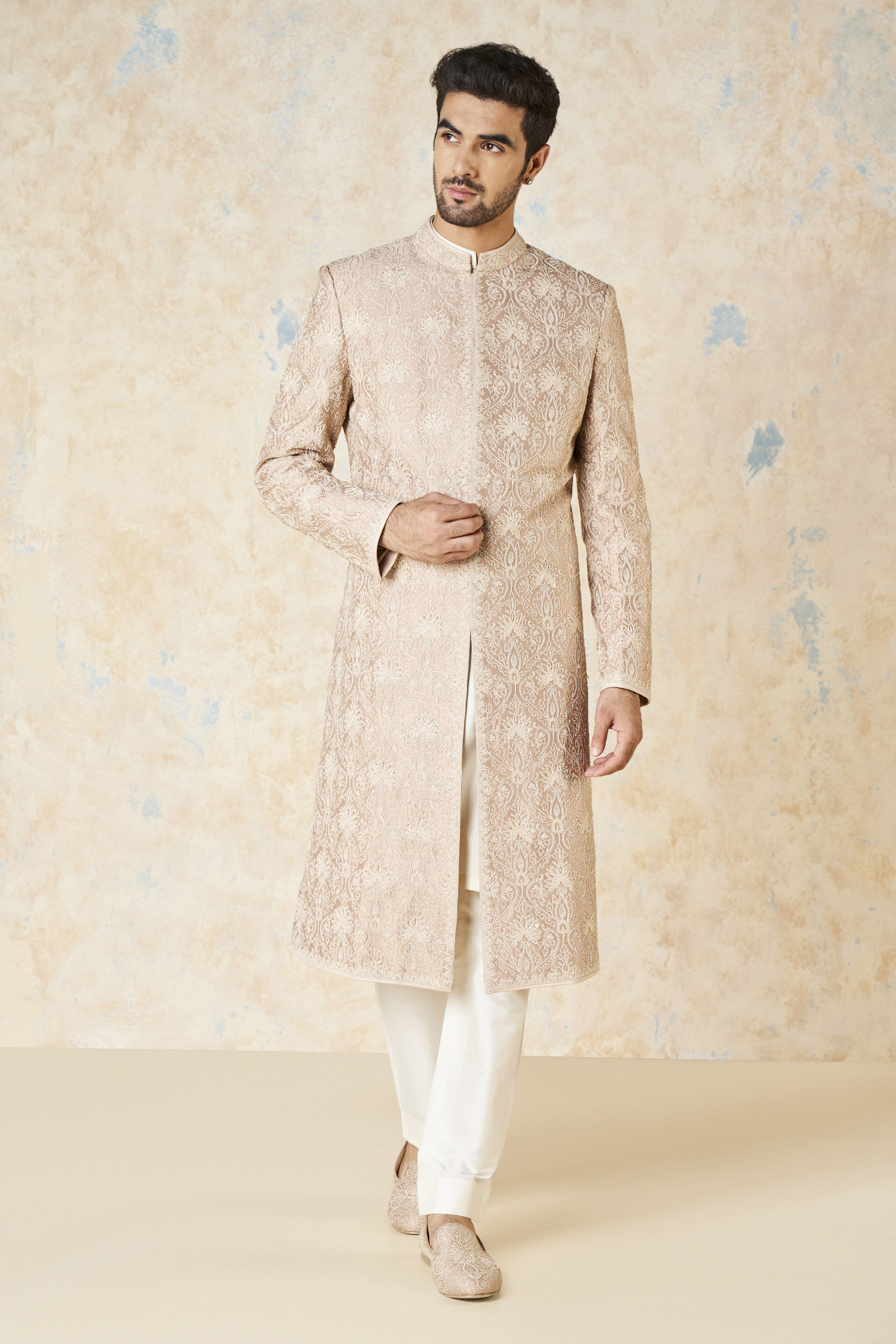 Ikshaan Embroidered Cord Silk Sherwani - Salmon, Salmon, image 2